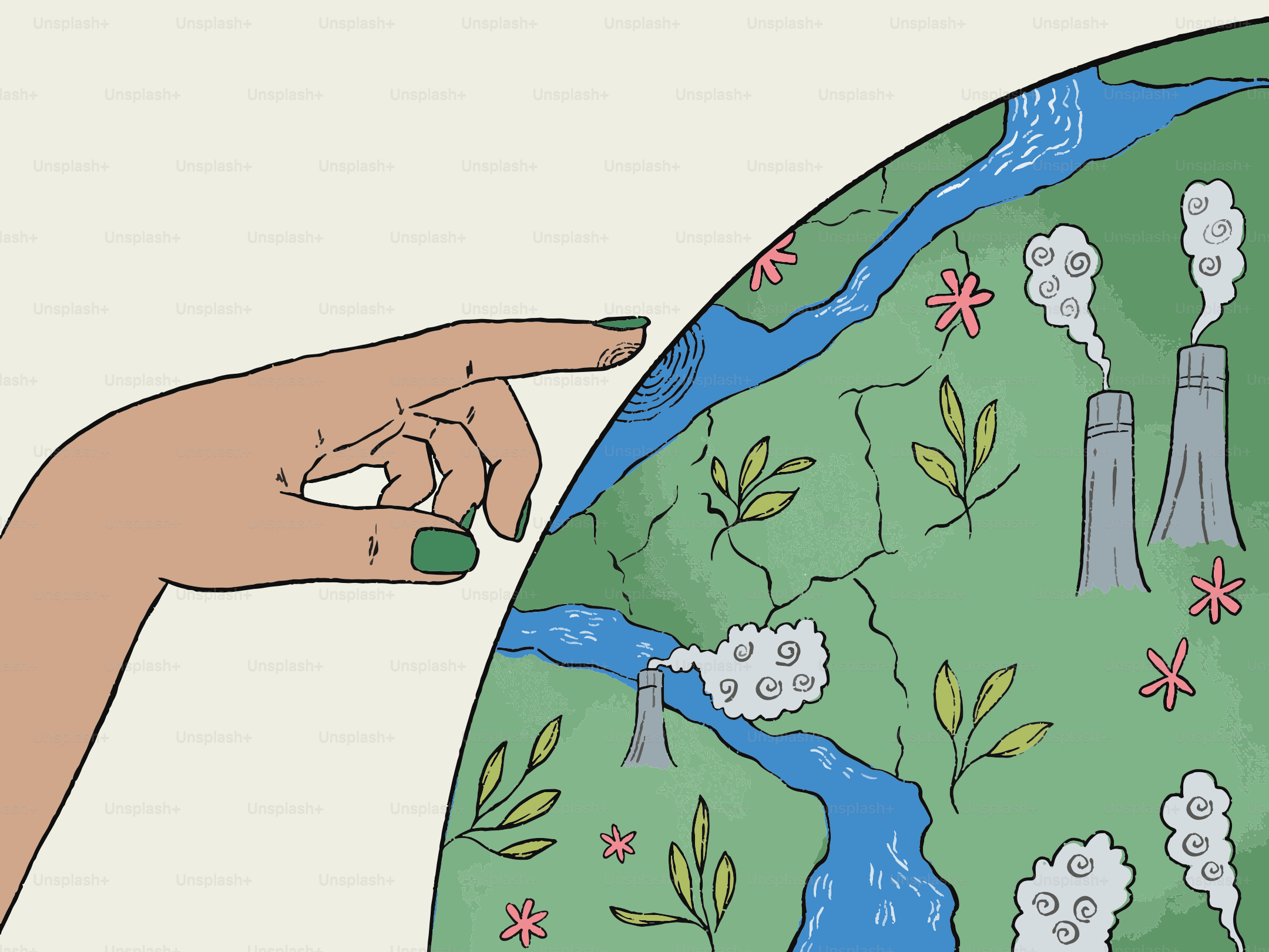 A hand points to a globe with factories and nature.