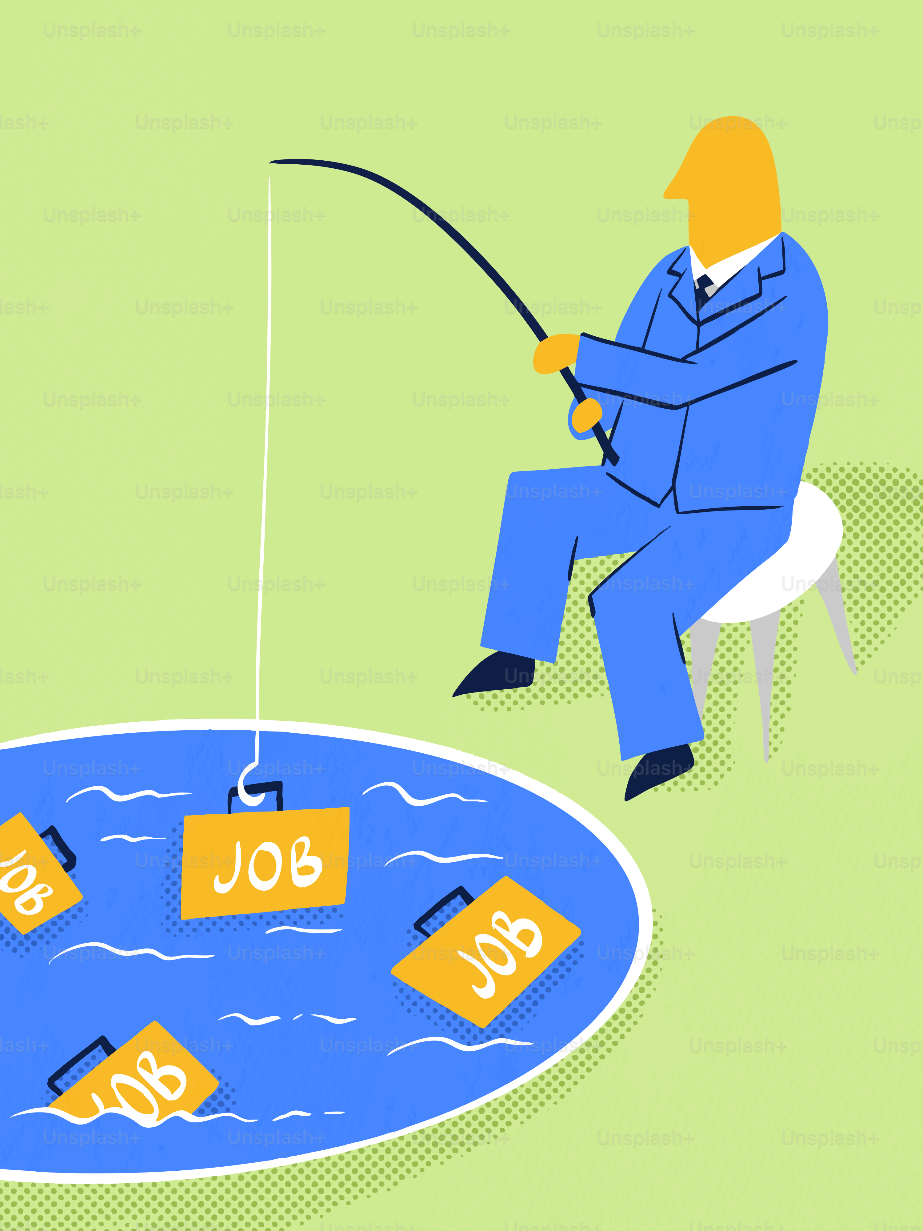 Un homme pêchant des mallettes étiquetées « job » dans l’eau.