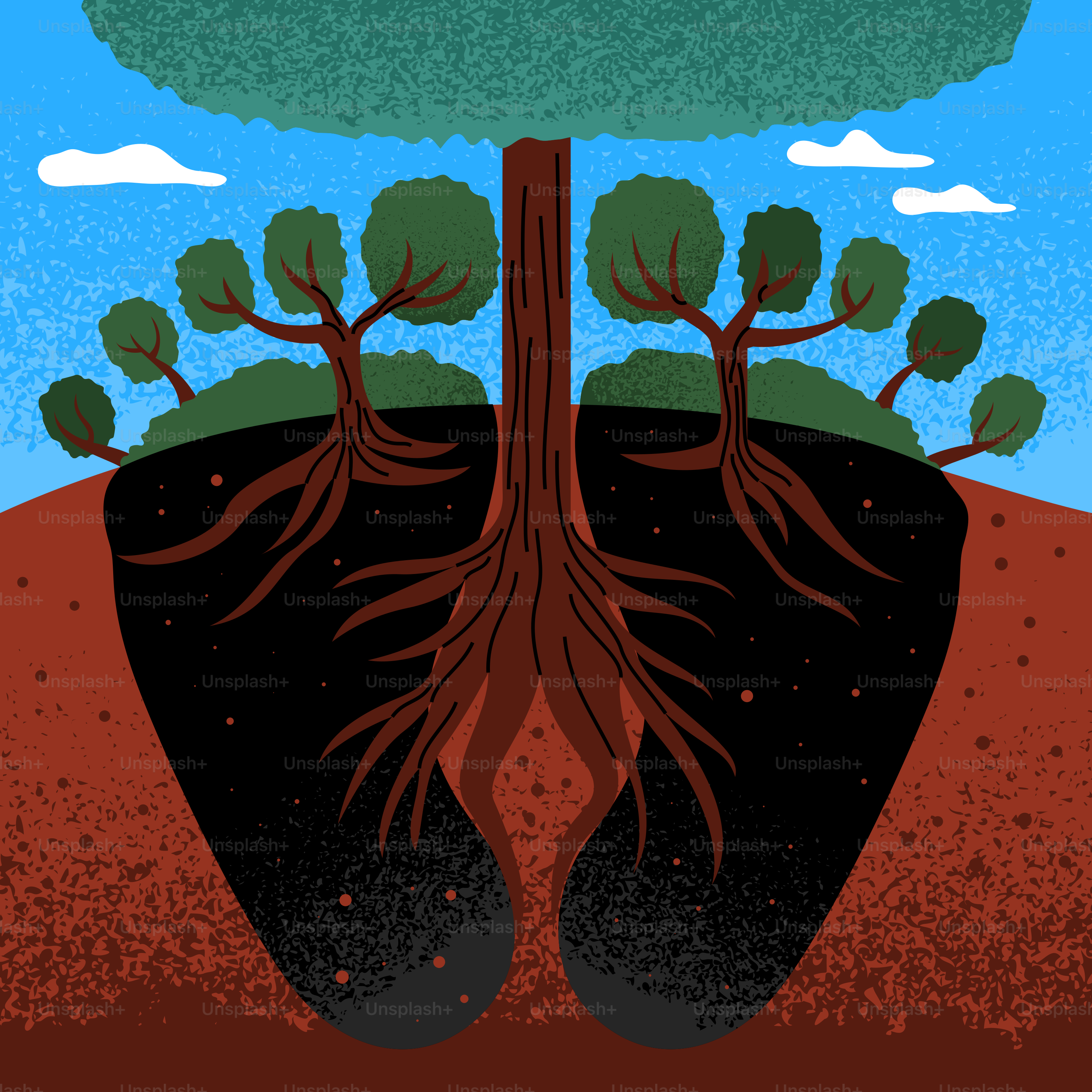 A tree's roots spread deep into the earth.