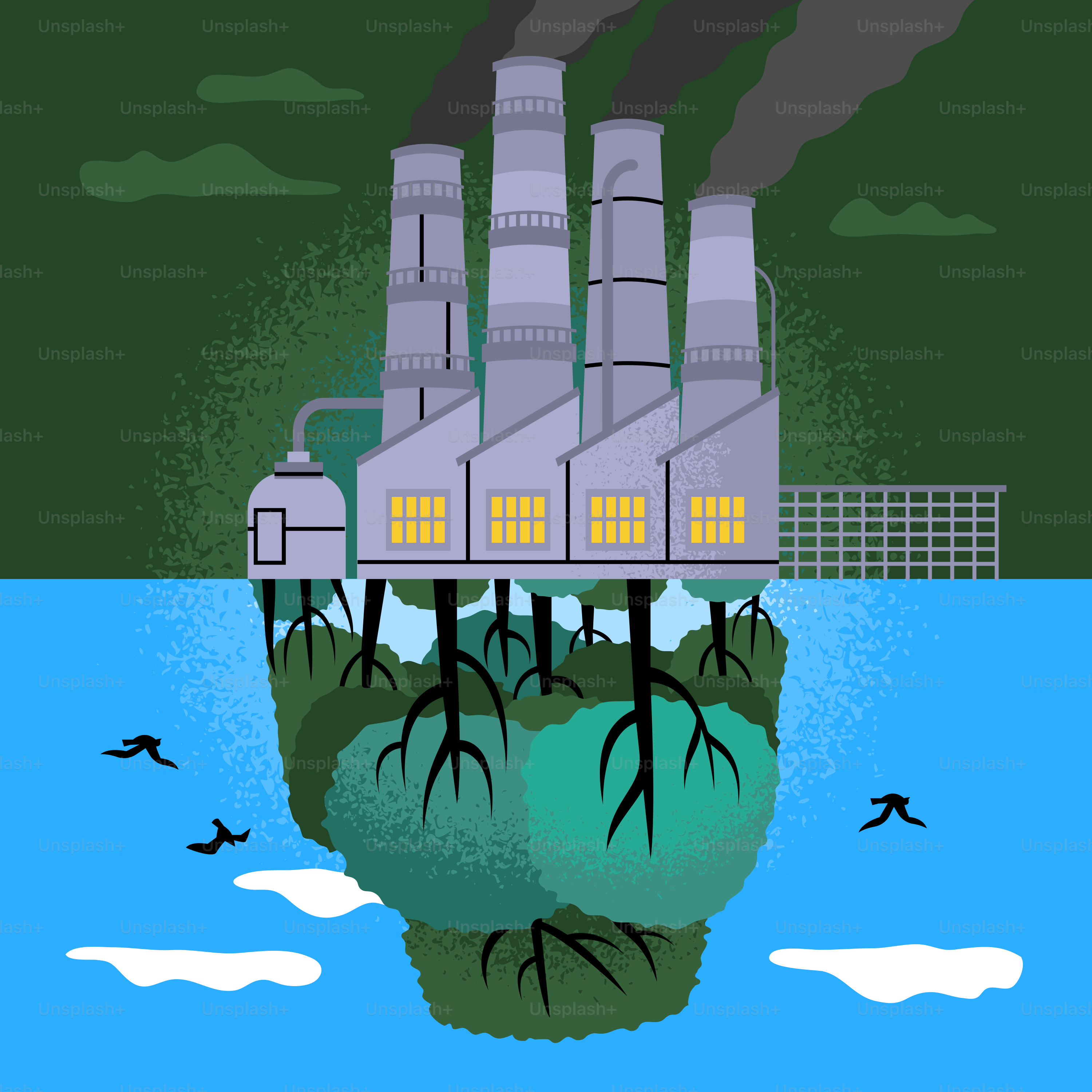 Factory pollution contrasted with nature's beauty.