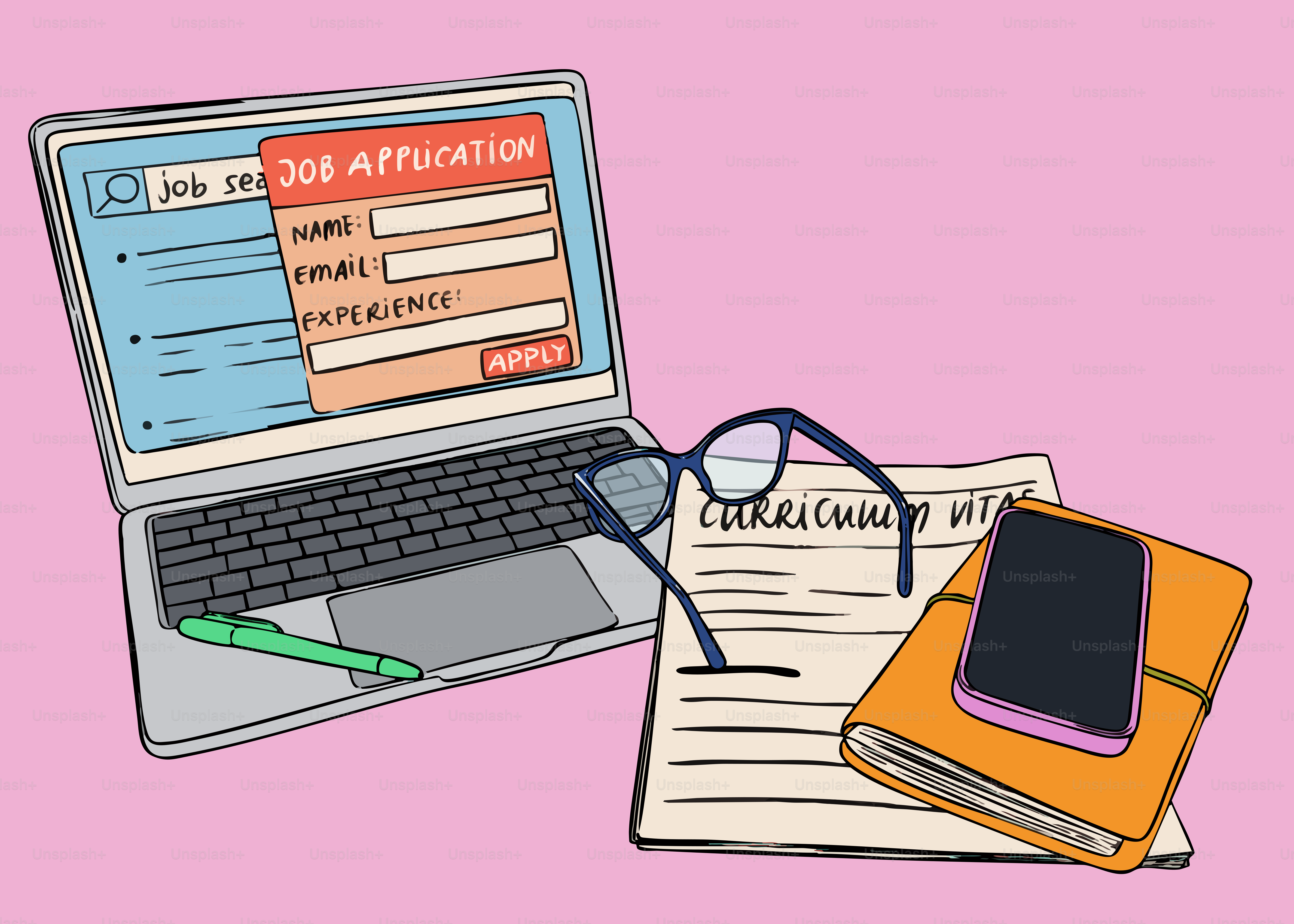 Laptop mit Bewerbung, Lebenslauf und Handy