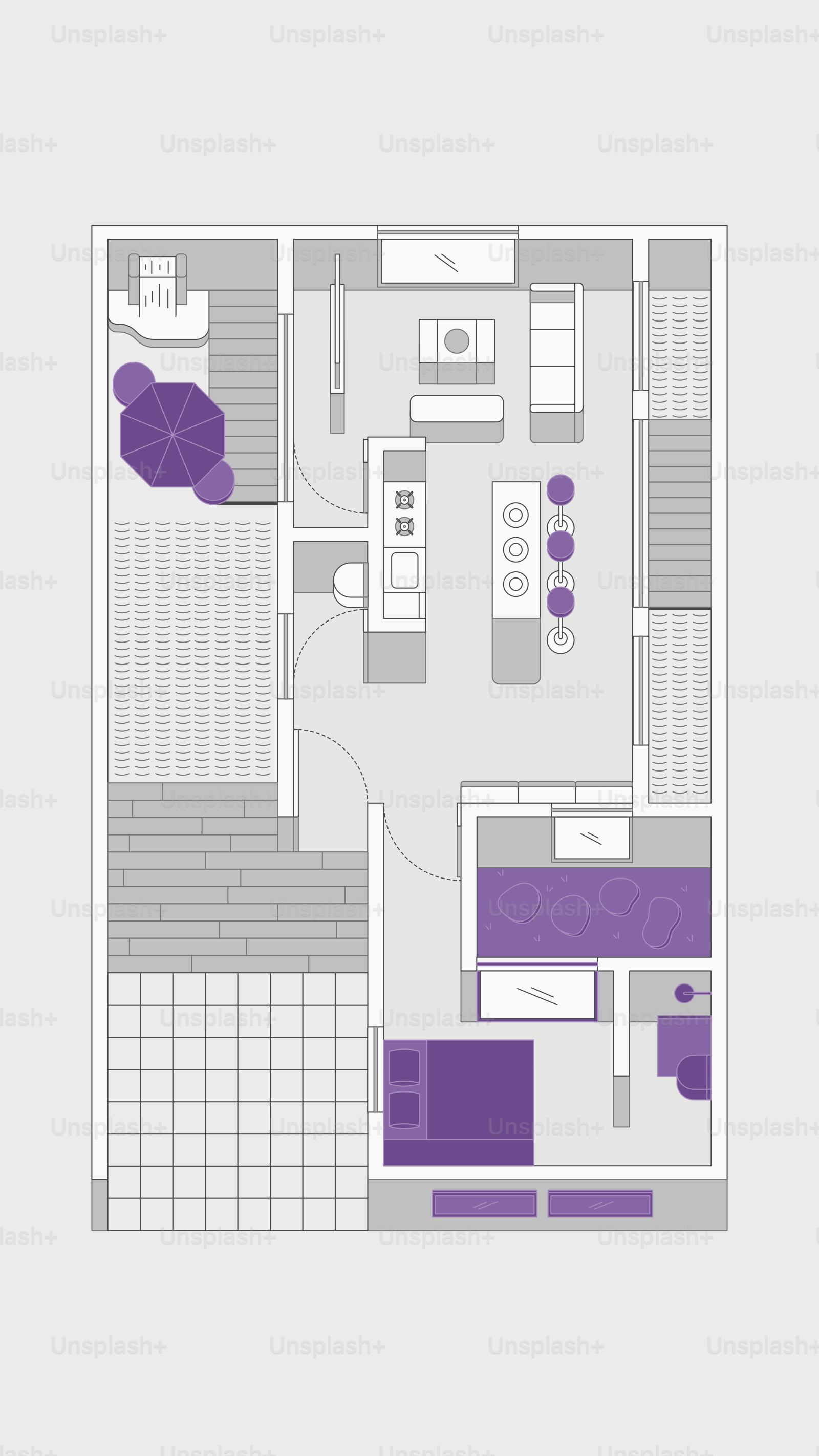 Floor plan of a modern apartment with balcony and furniture.