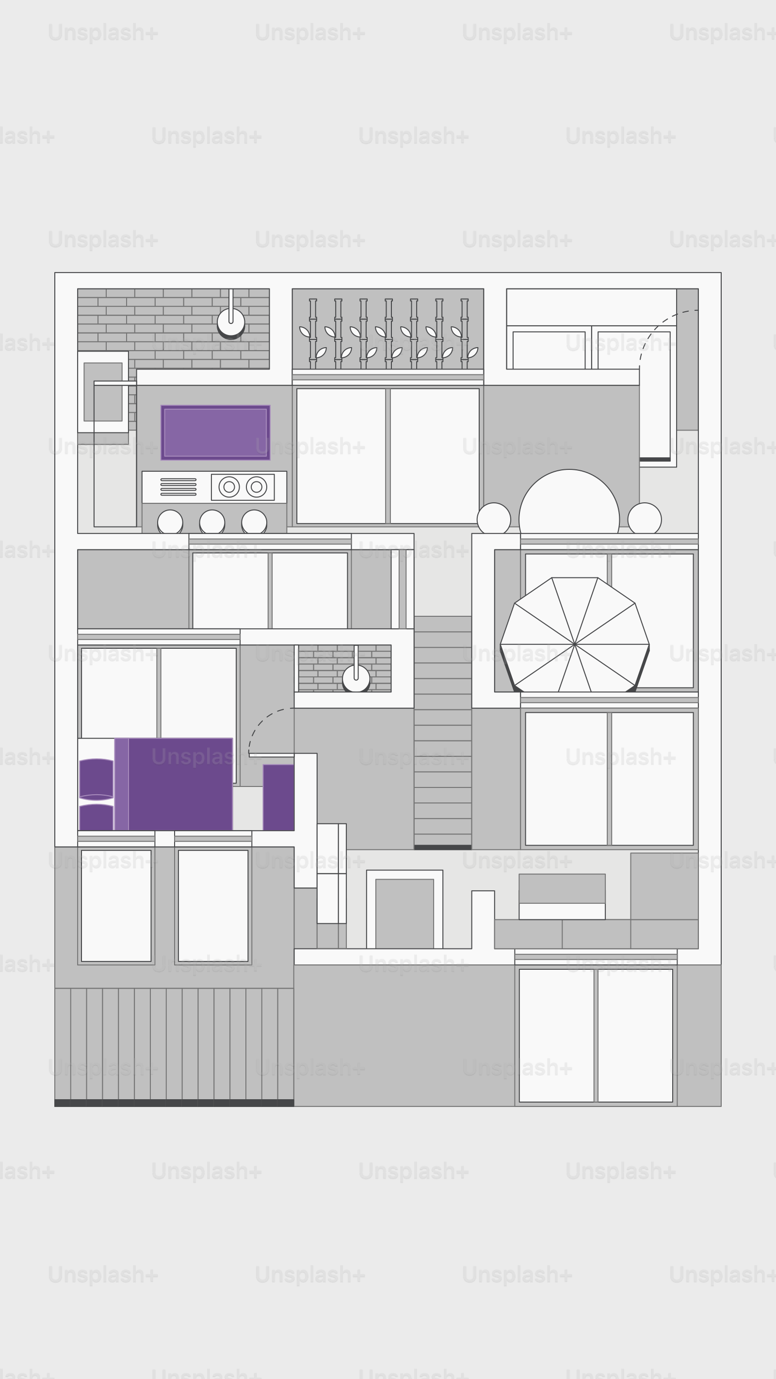 Plan architectural avec accents violets et mobilier.