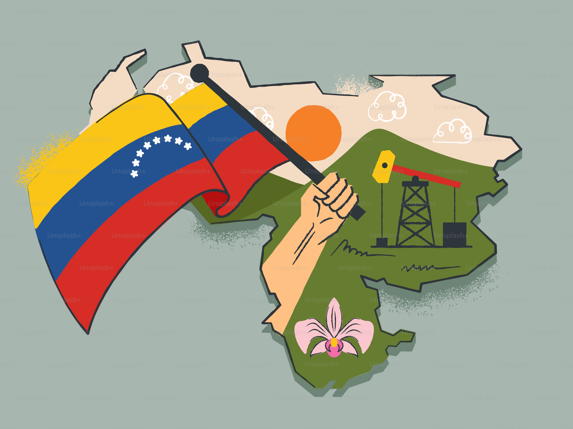 Venezuelan flag waves over map with oil rig and flower.