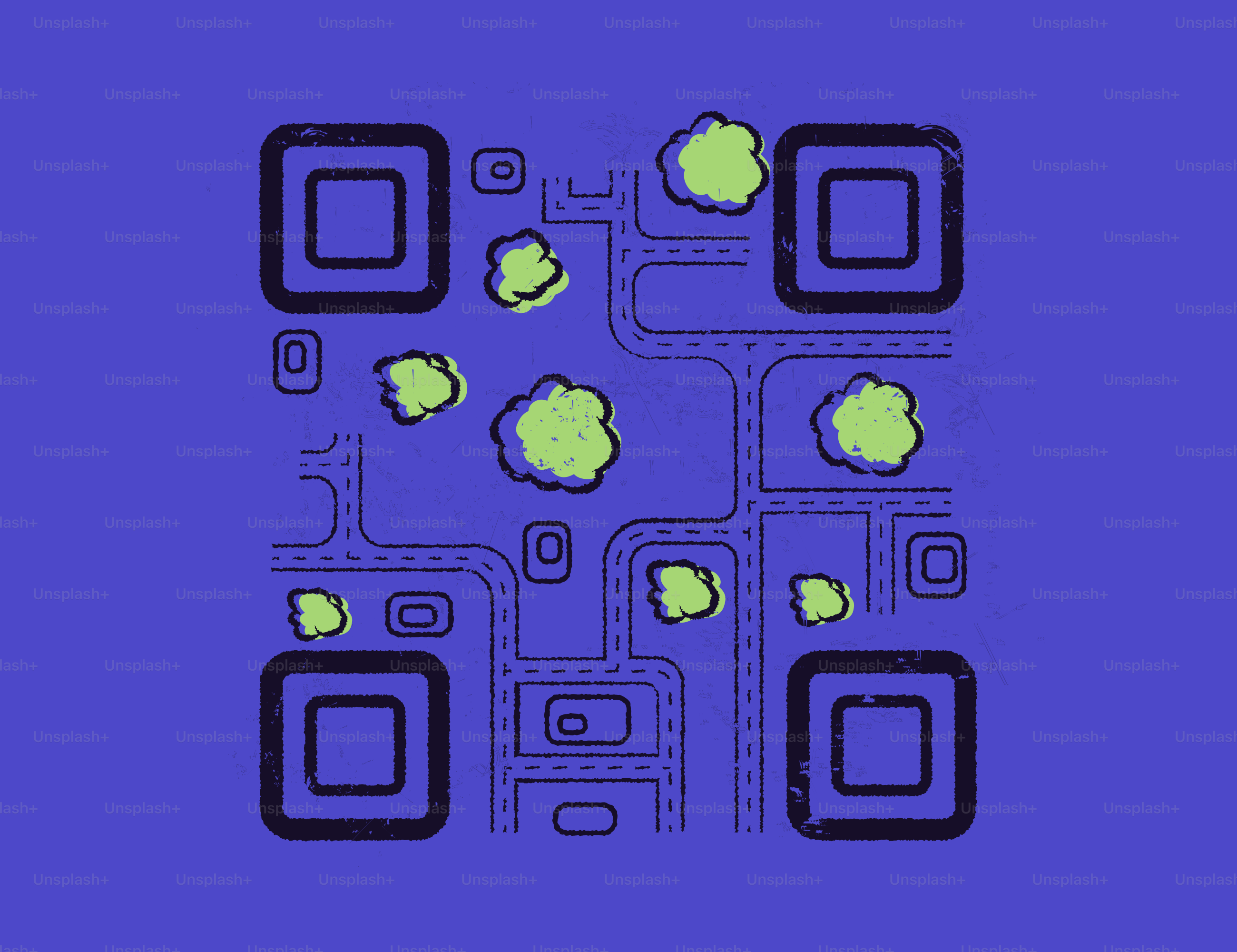 Carte abstraite avec routes et taches vertes