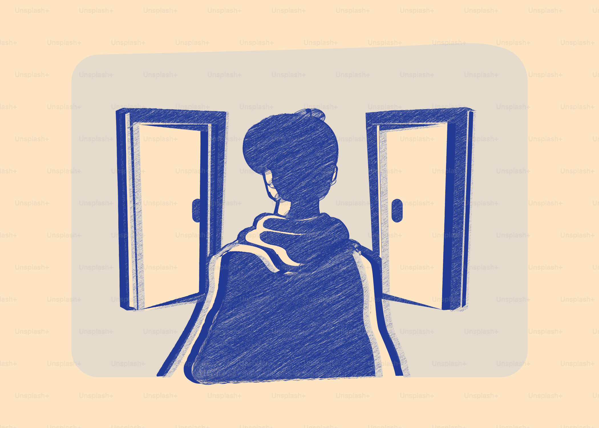 La personne se tient entre deux portes ouvertes.