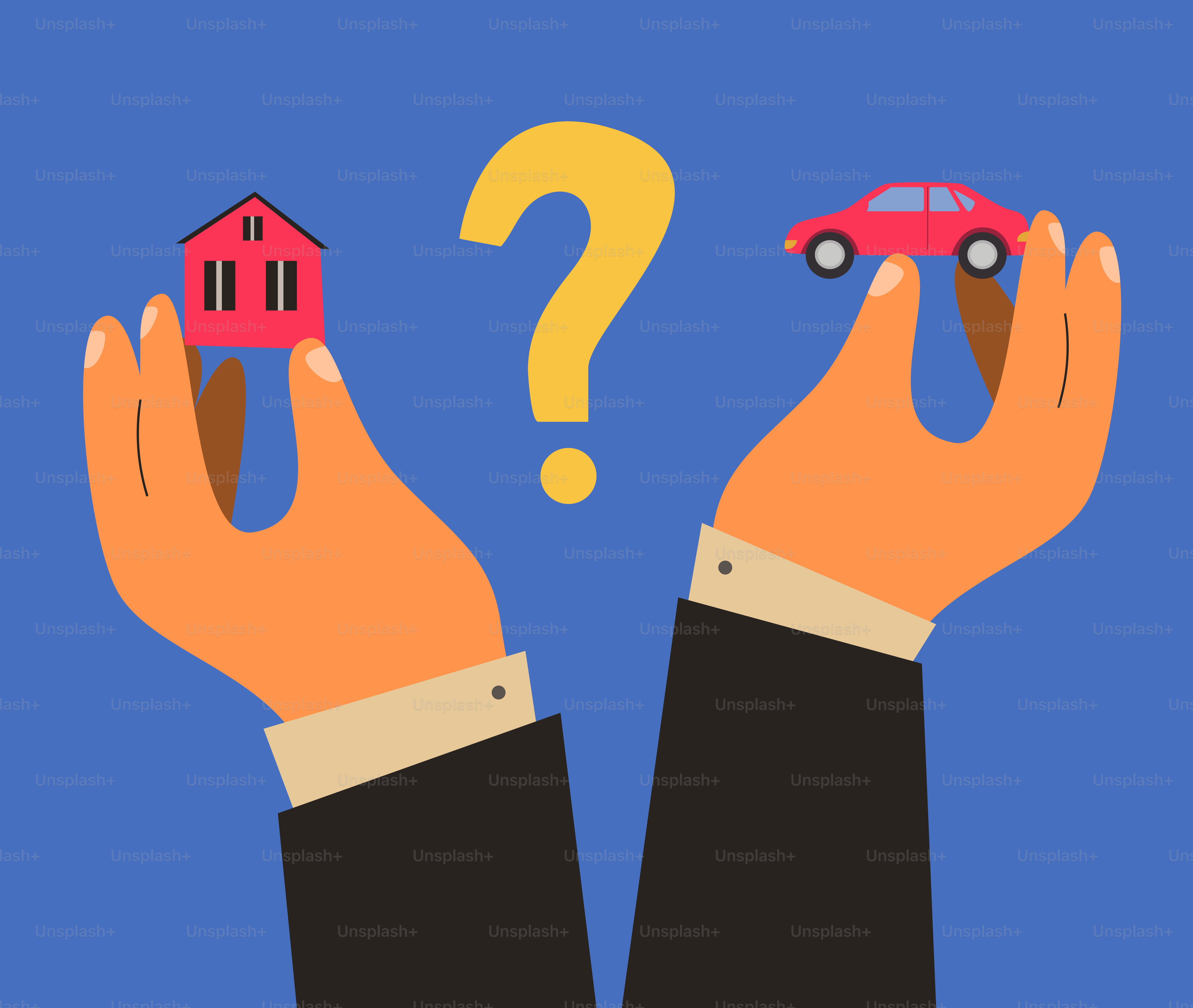 Hands holding a house and car with a question mark.