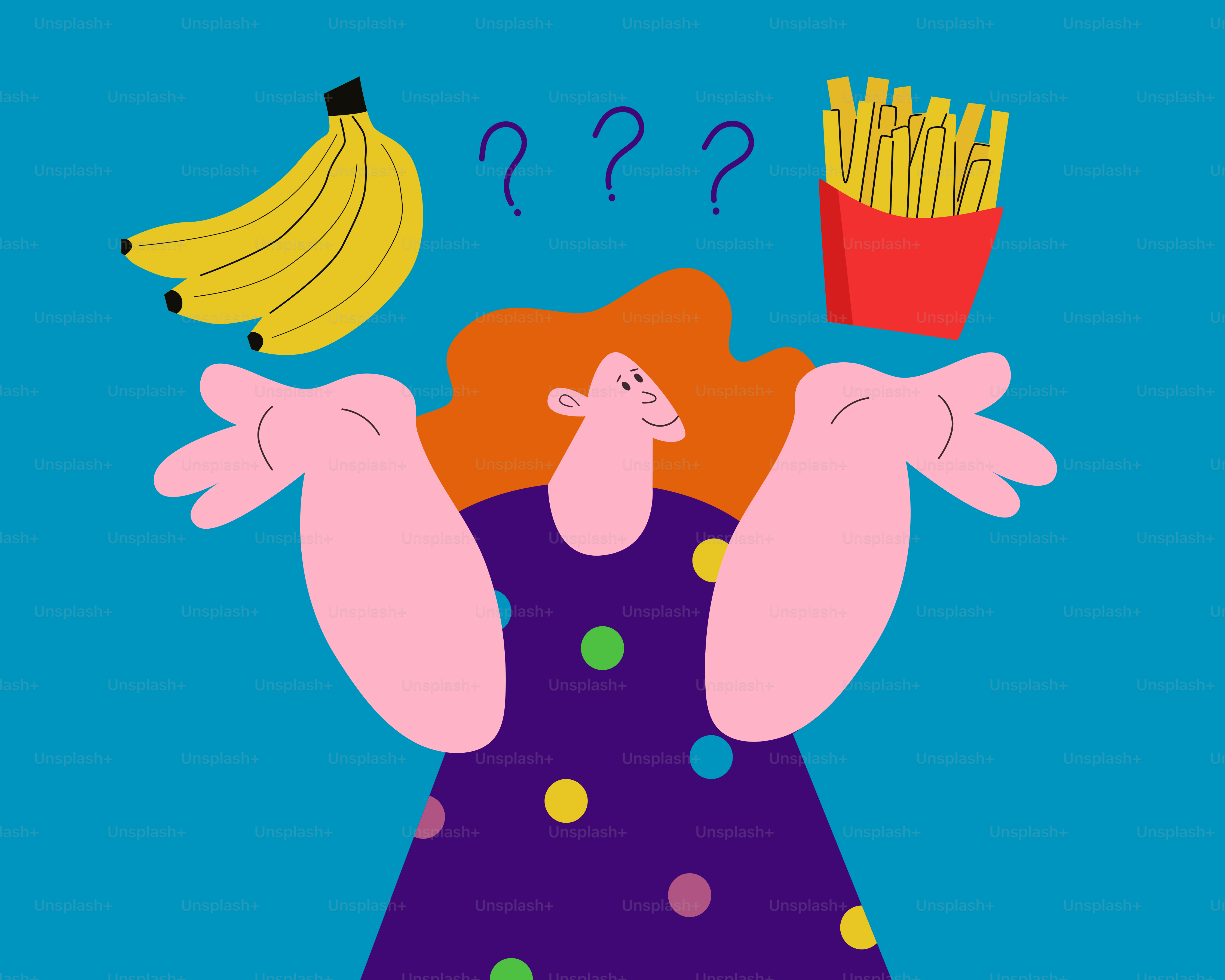Woman choosing between bananas and french fries