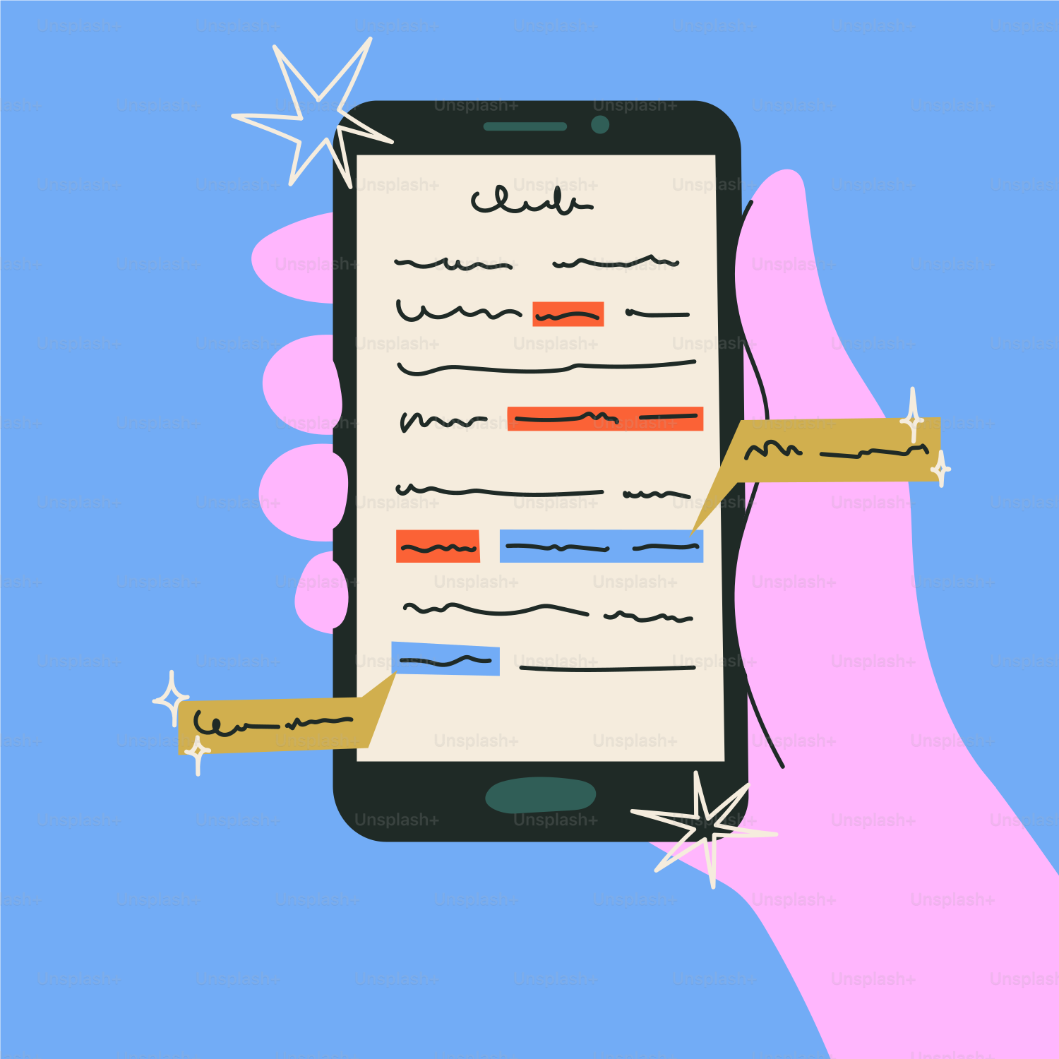 Hand holding a smartphone with text and speech bubbles.