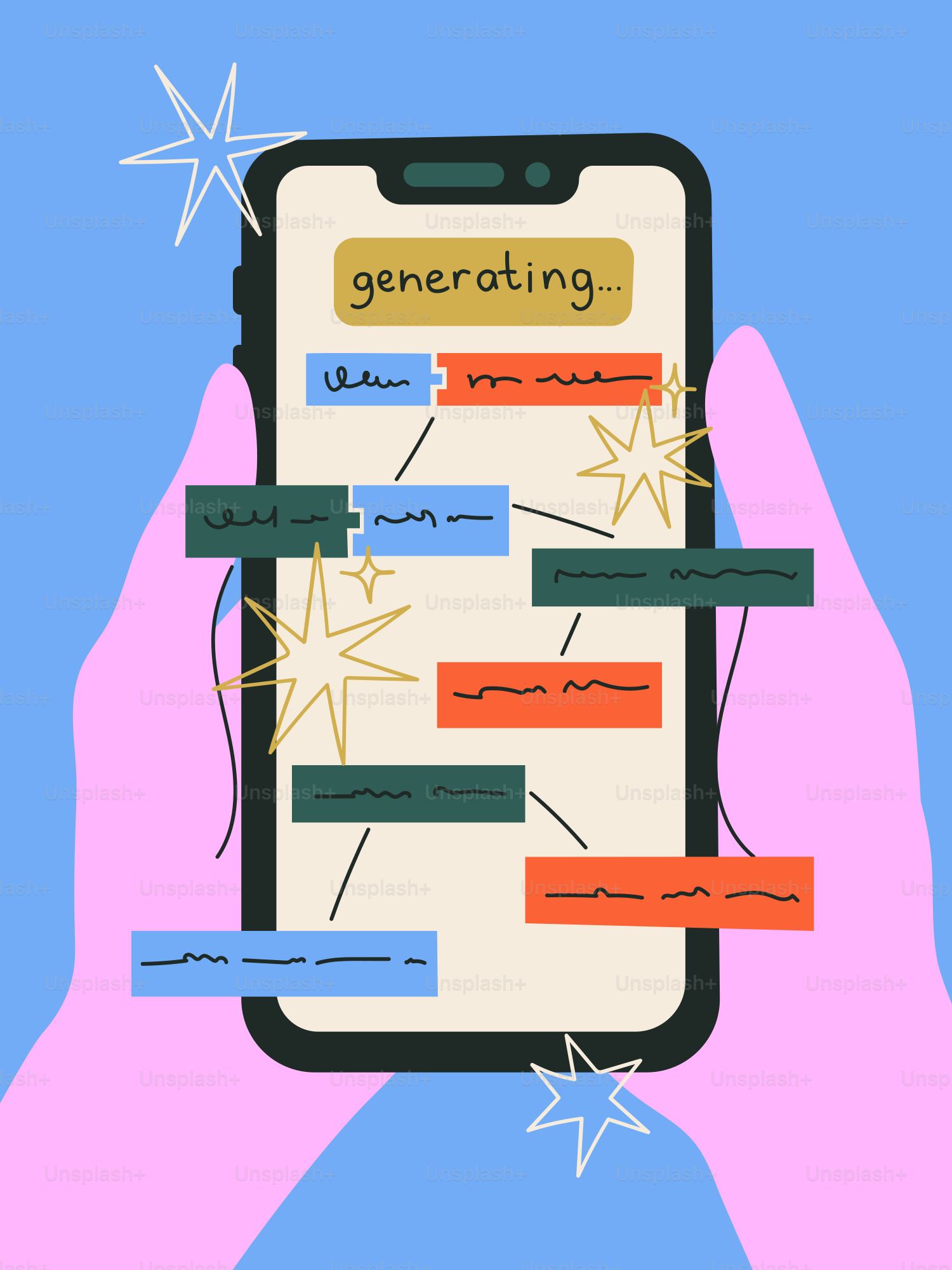 Hands holding phone with generating text messages