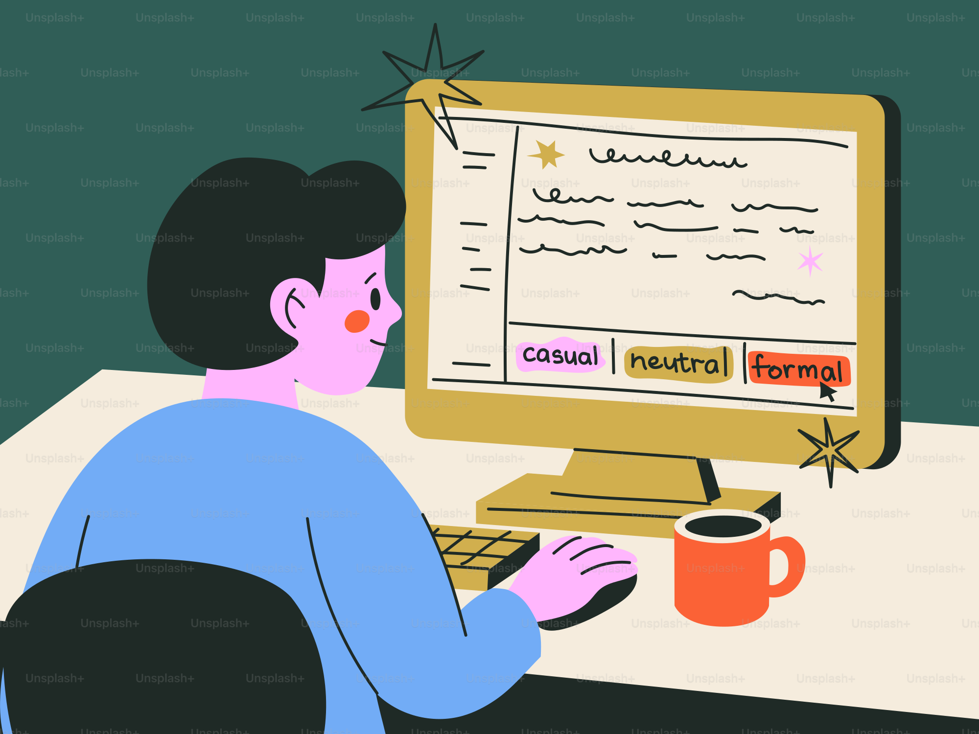 Person using a computer with casual, neutral, formal buttons.