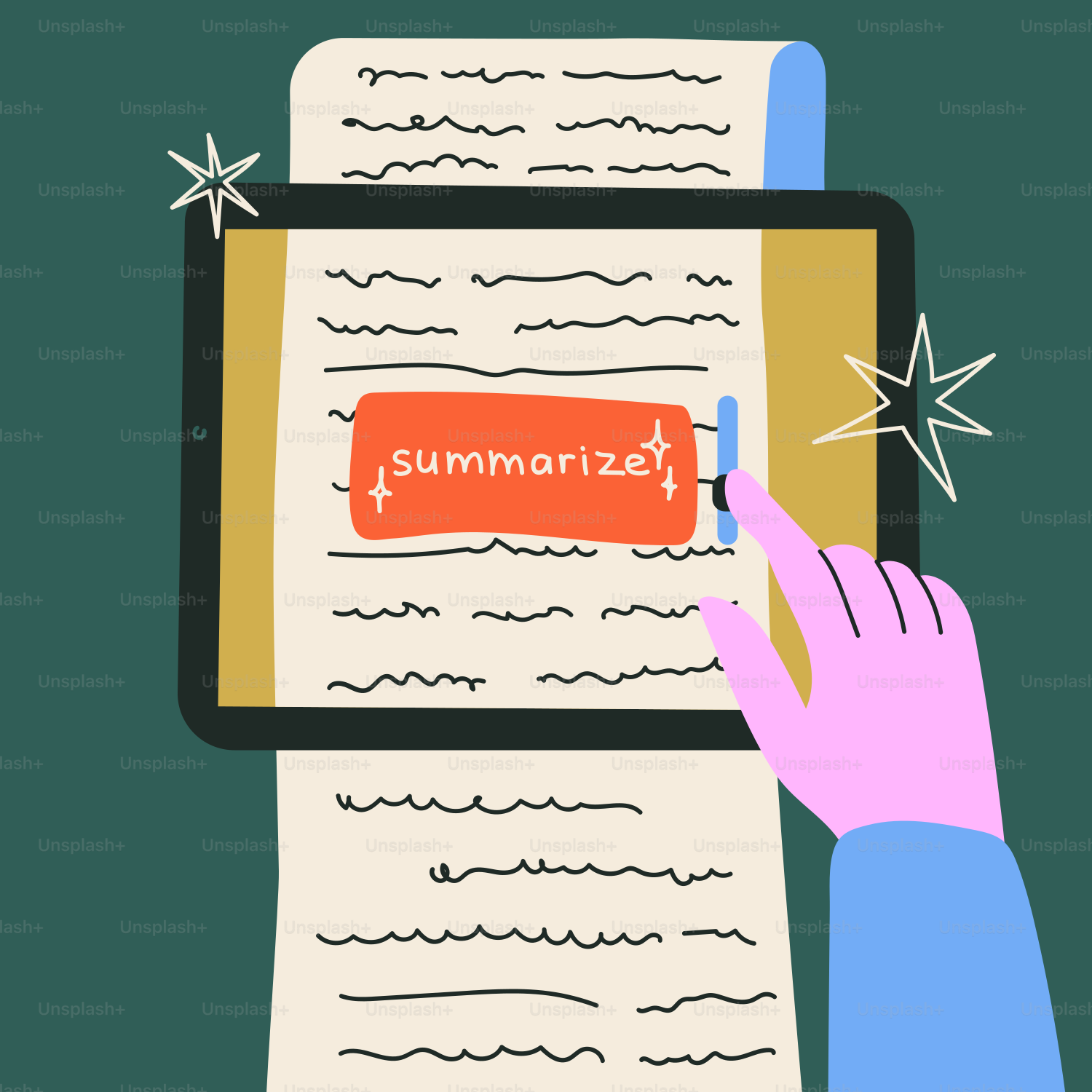 Hand touching tablet screen with summarize button.