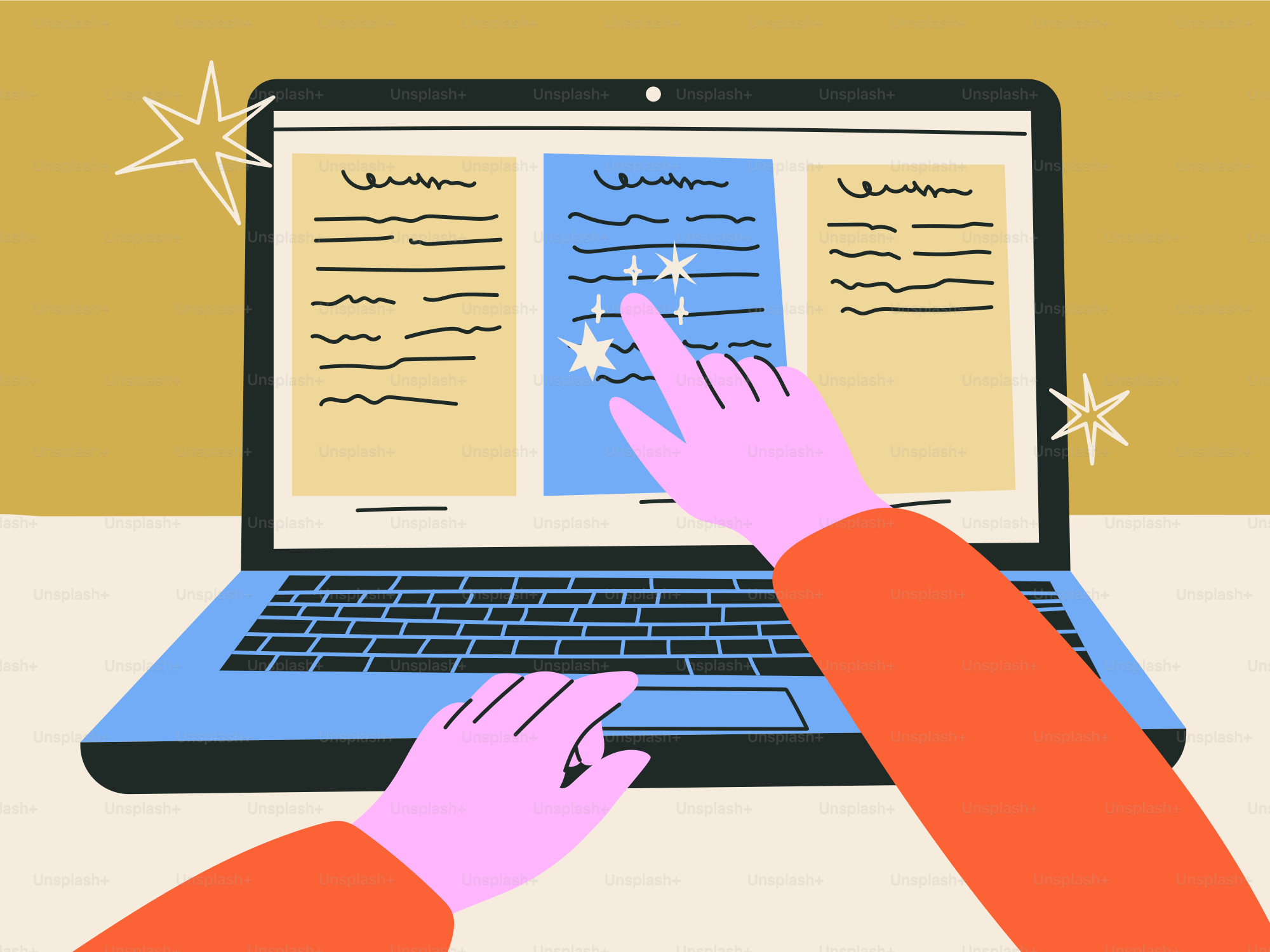 Hands interacting with a laptop screen displaying text.