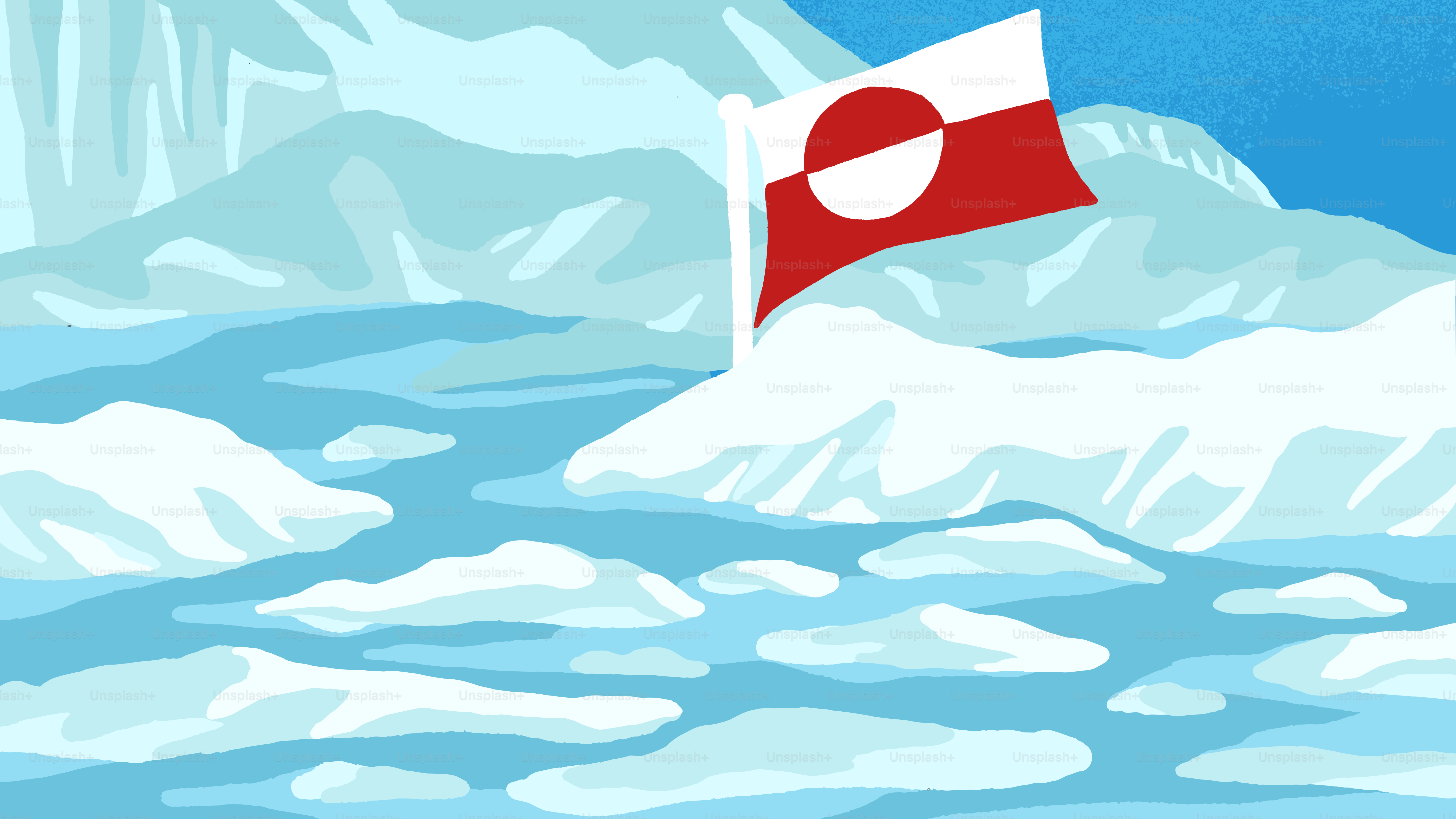 Greenland flag waving over icy landscape