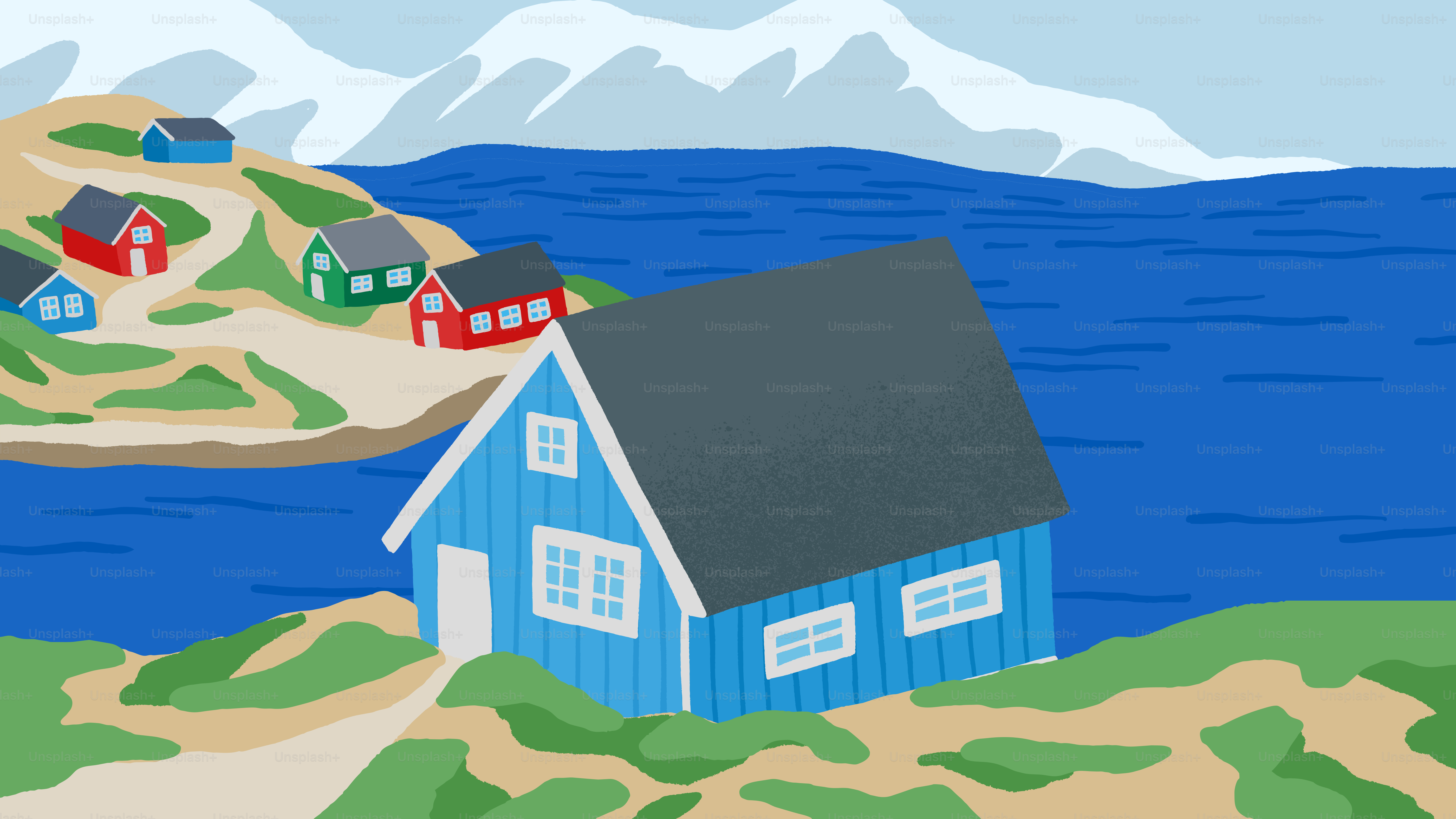 Casas coloridas en una ladera costera con vistas al océano.