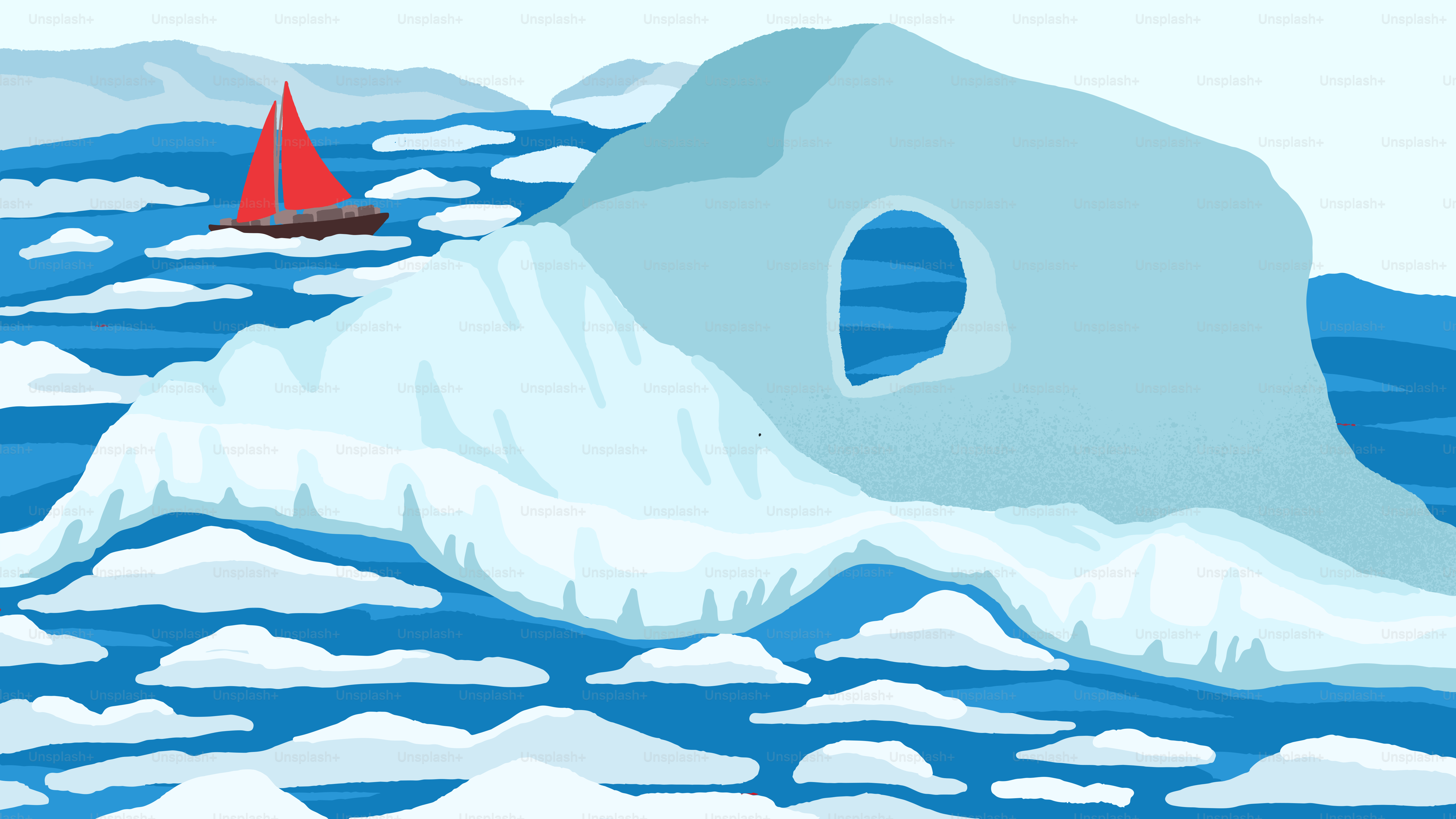A red sailboat navigates icy waters near an iceberg.