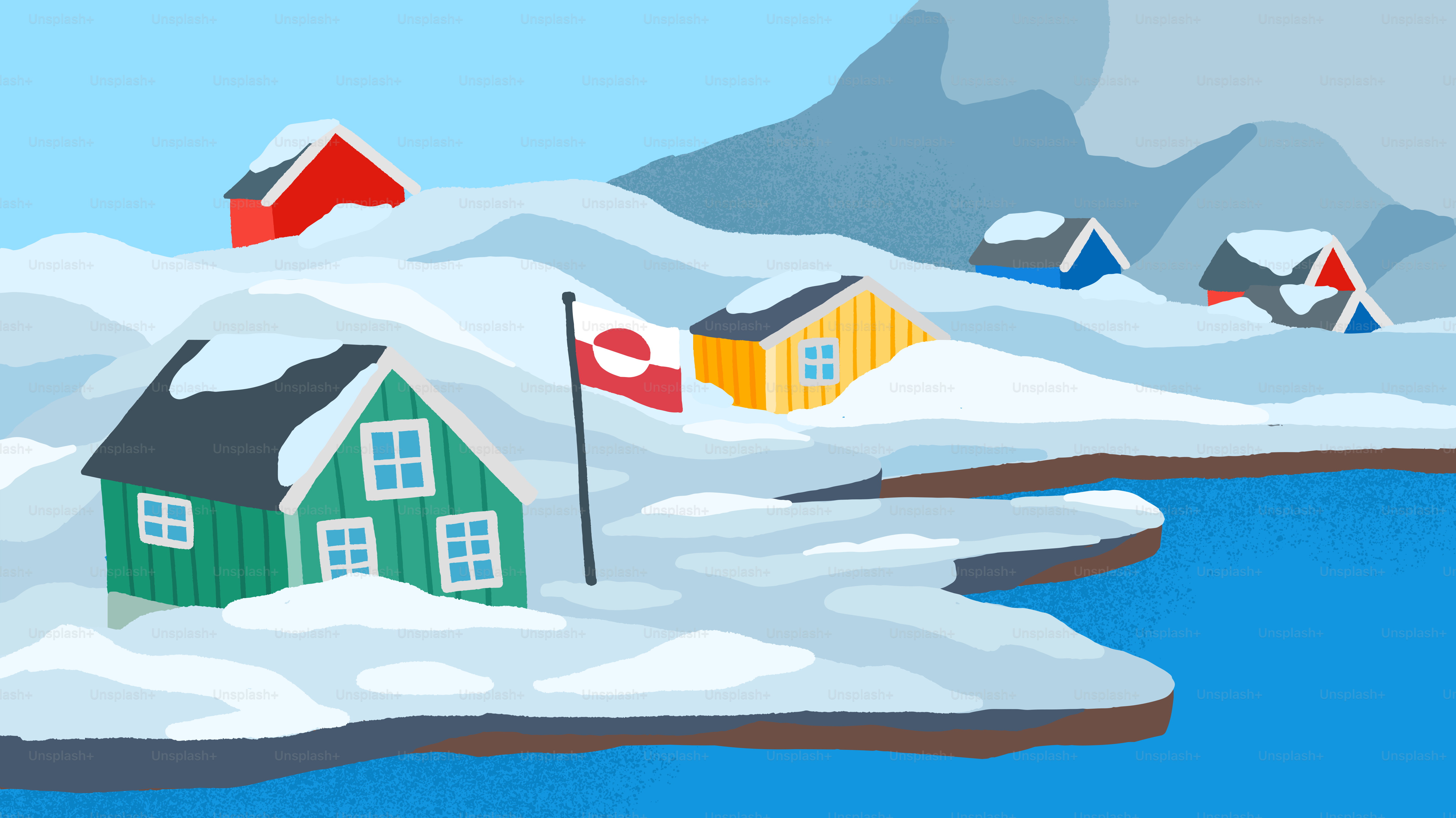 Colorful houses dusted with snow by the water.