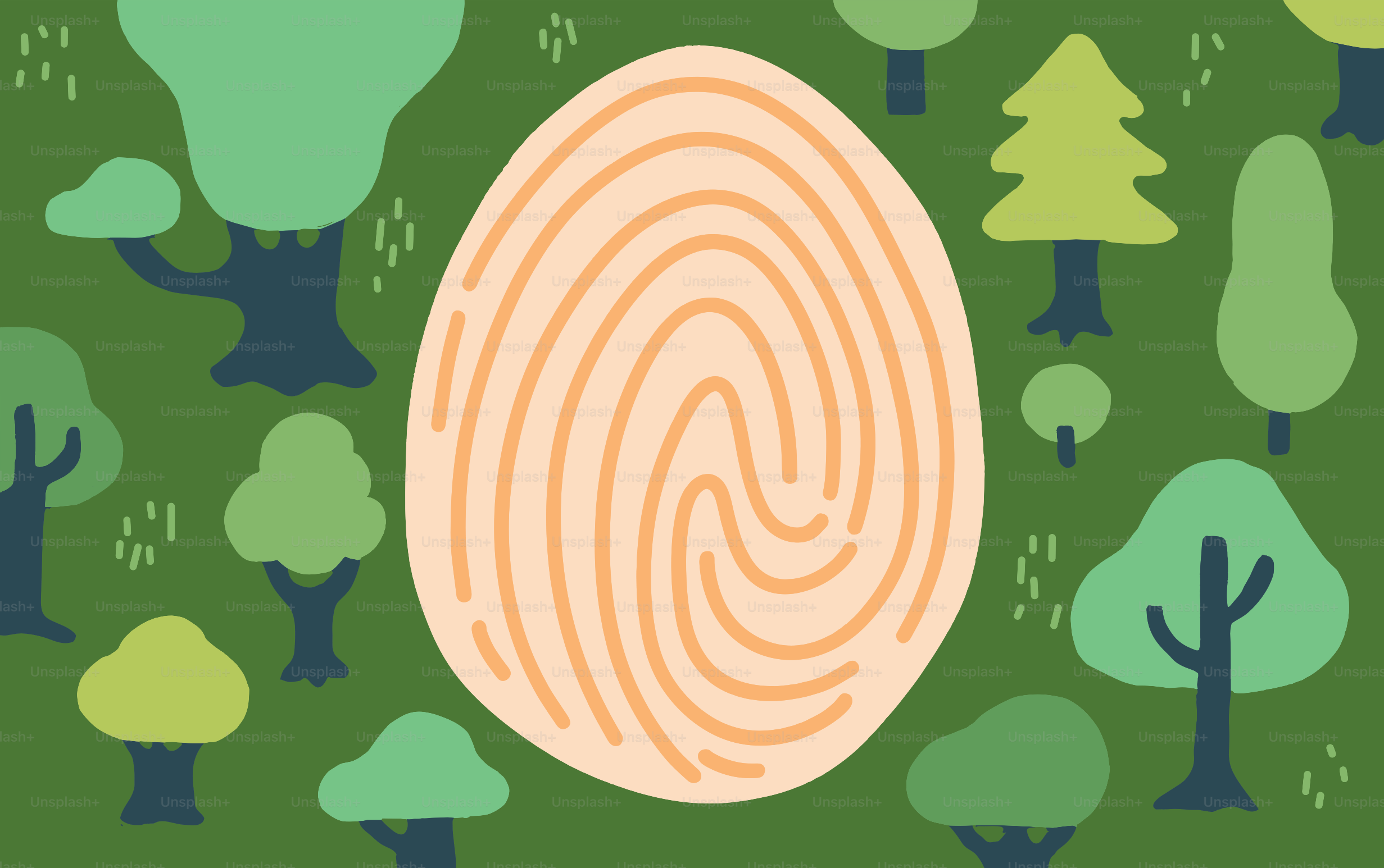 Un œuf d’empreintes digitales entouré d’arbres de dessins animés