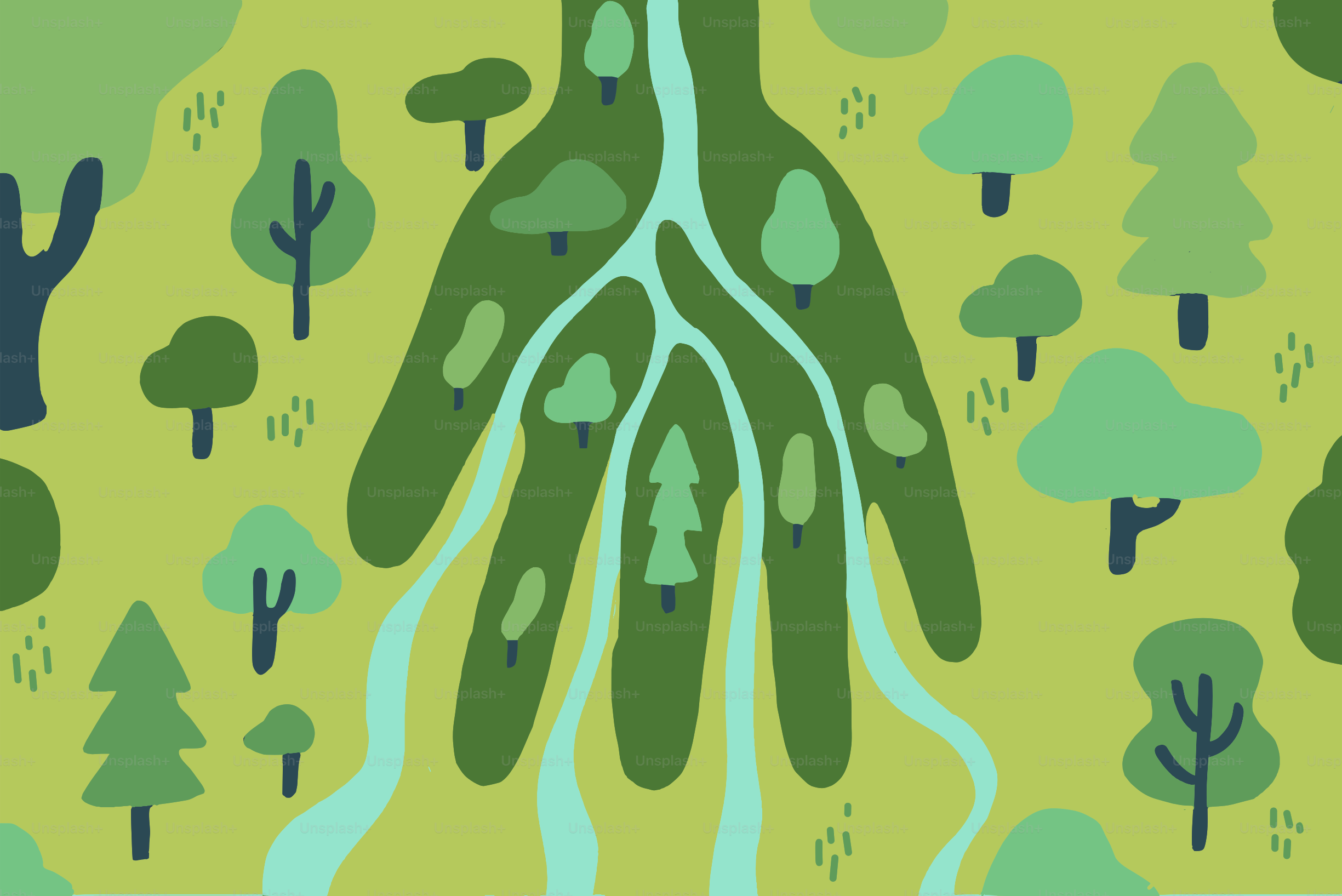 Paysage forestier stylisé avec une clairière et une rivière en forme de main.