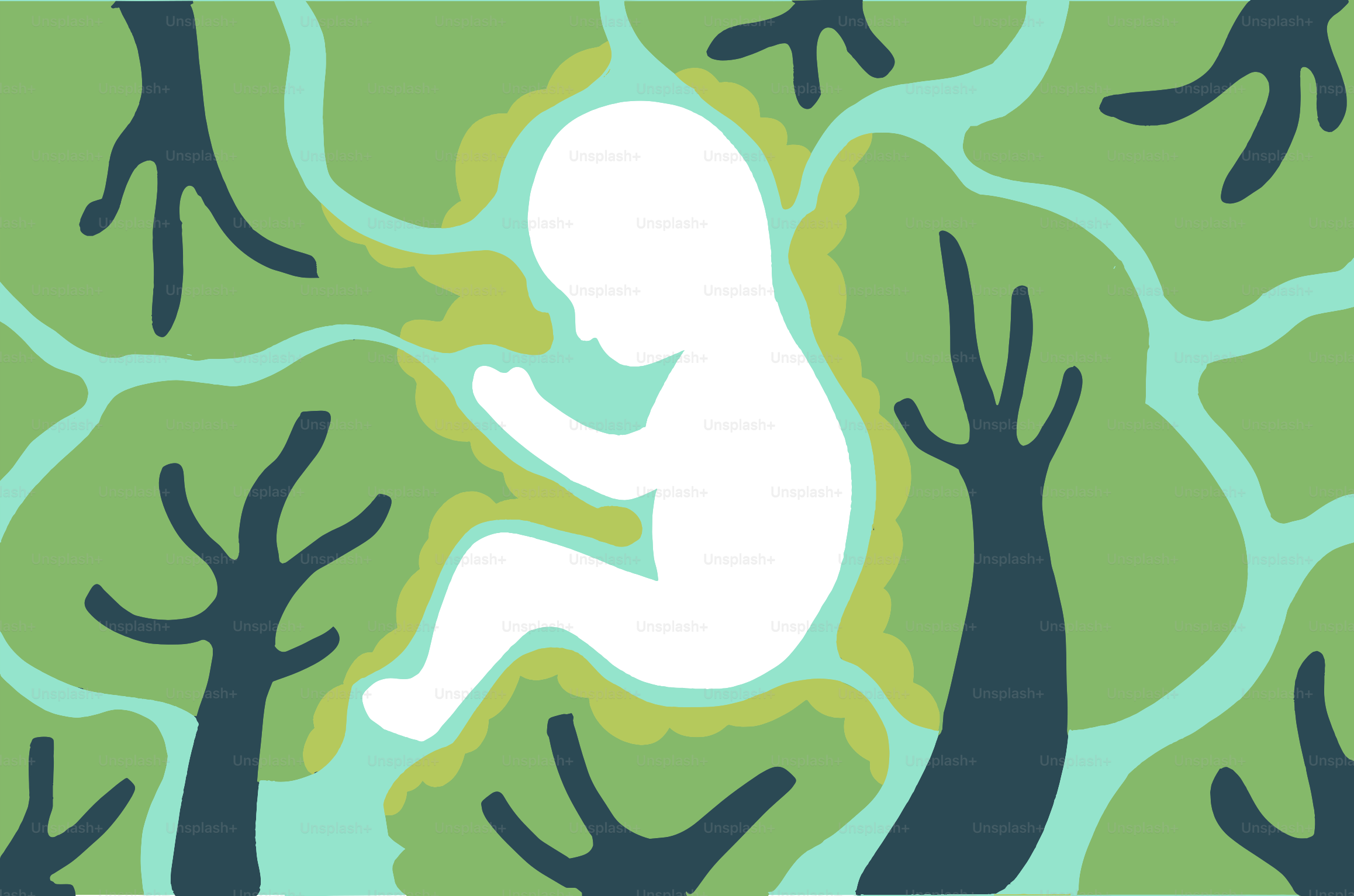 Silhouette blanche d’un bébé entouré d’arbres abstraits