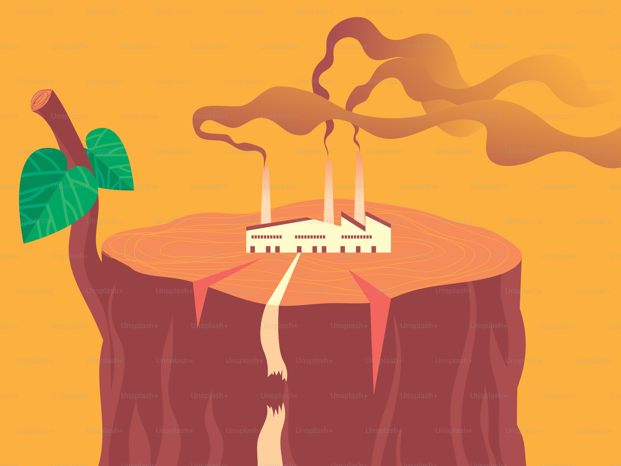 Factory on a tree stump emitting smoke