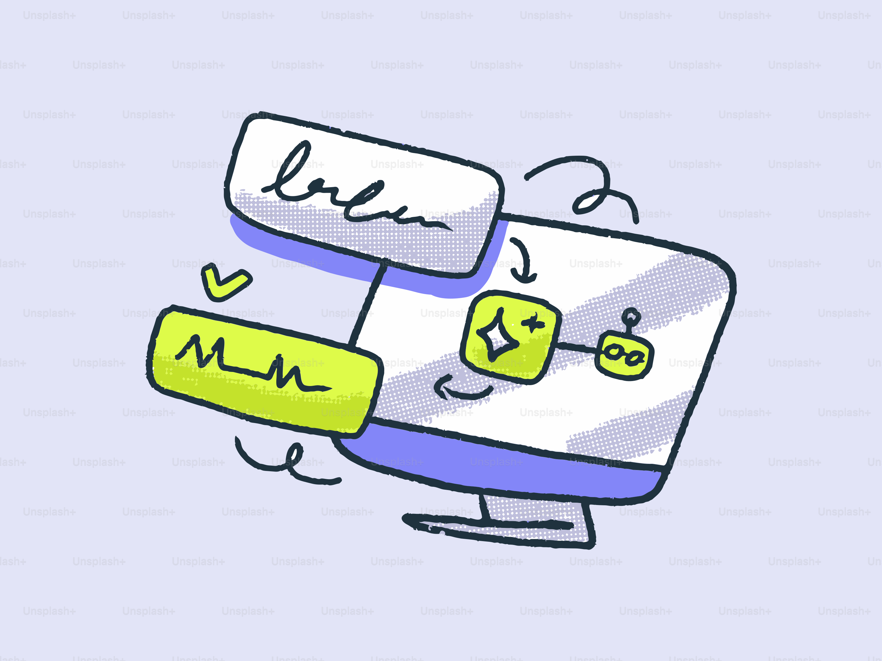 抽象的なデジタル要素とテキストが描かれたコンピュータ画面。