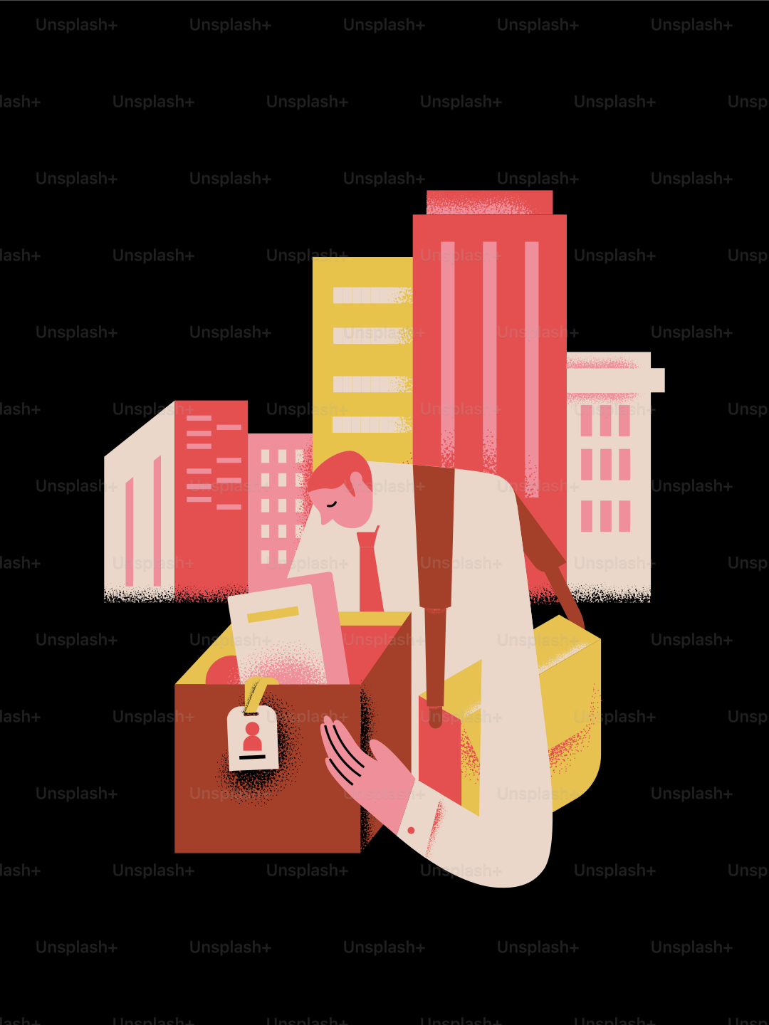 Man packing box with office items in front of buildings