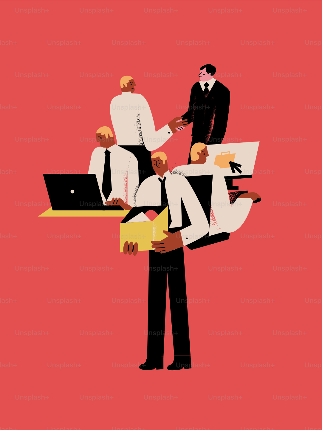 Businessmen working and shaking hands on red background