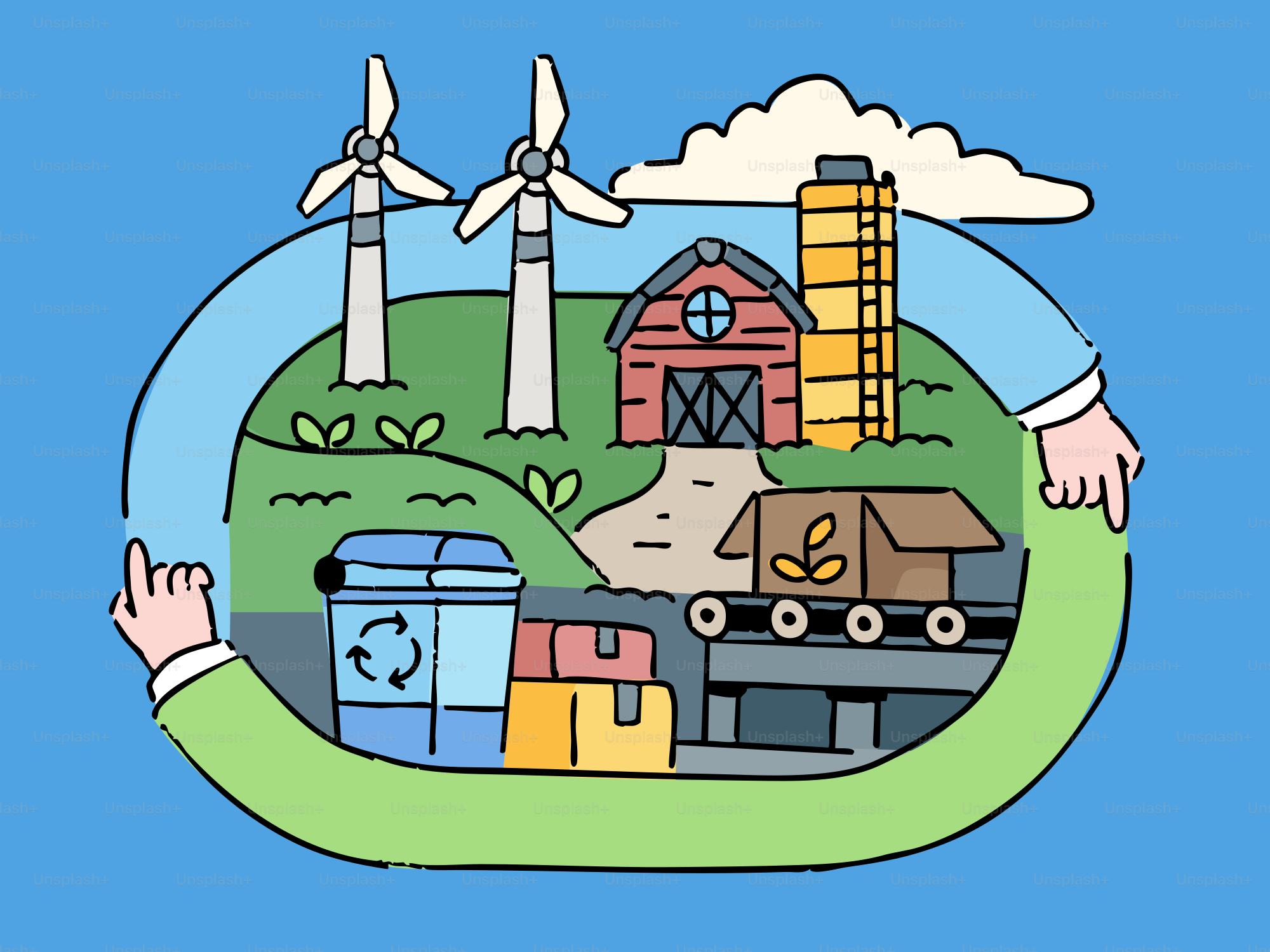 Sustainable farming and recycling process illustration