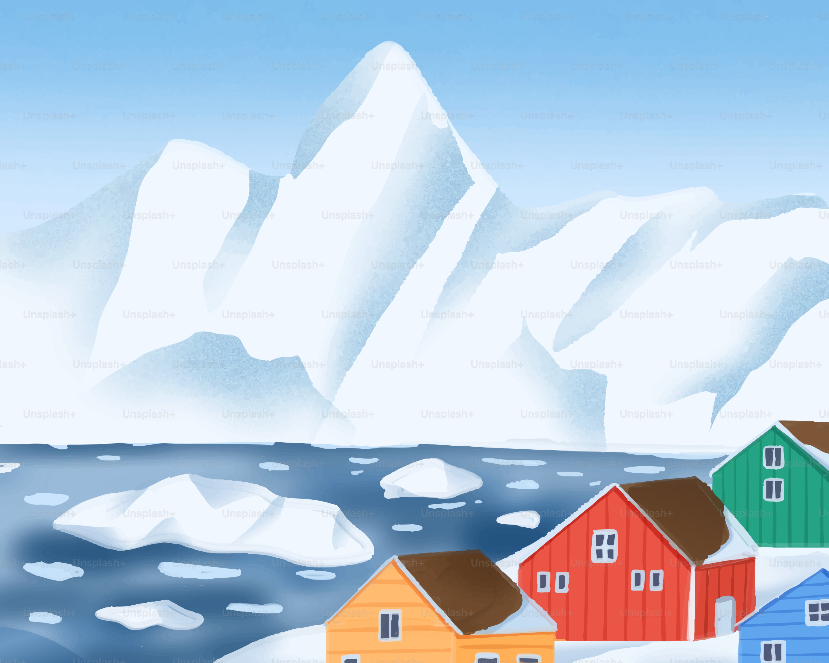 Casas coloridas junto a aguas heladas y montañas nevadas