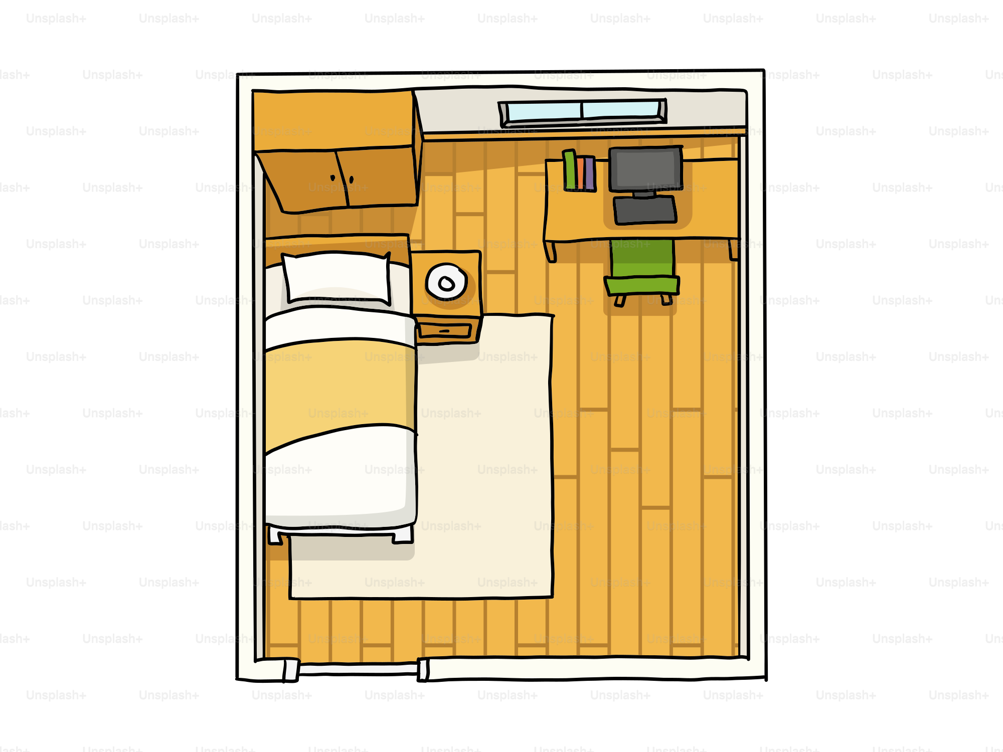A top-down view of a small dorm room