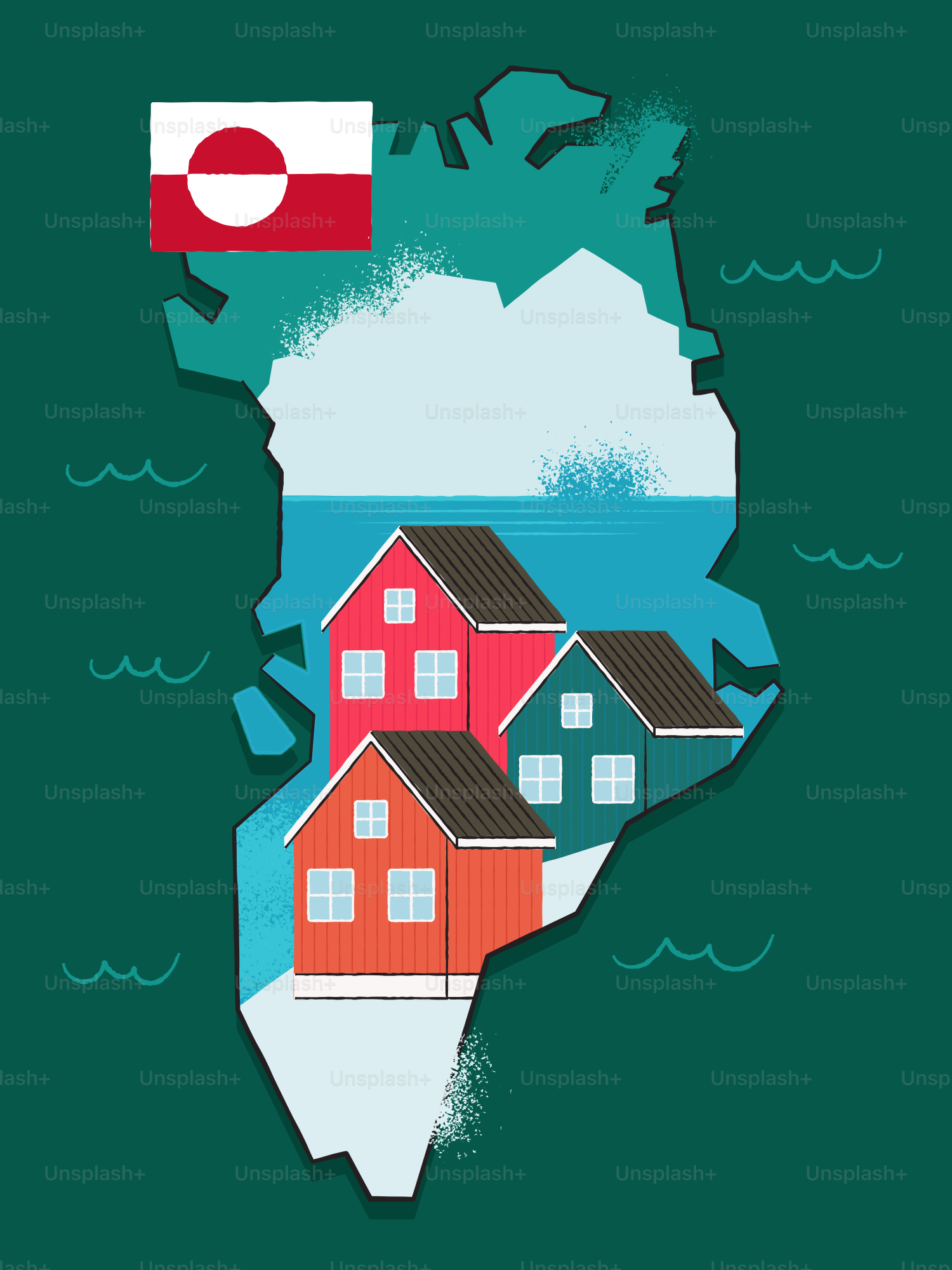 Colorful houses on greenland with flag