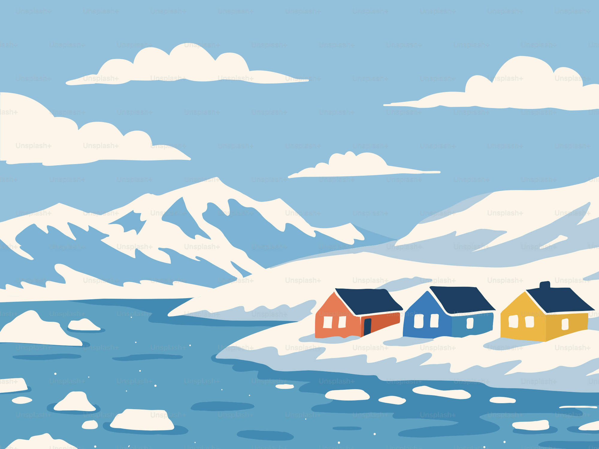 Casas coloridas en una costa nevada con montañas.