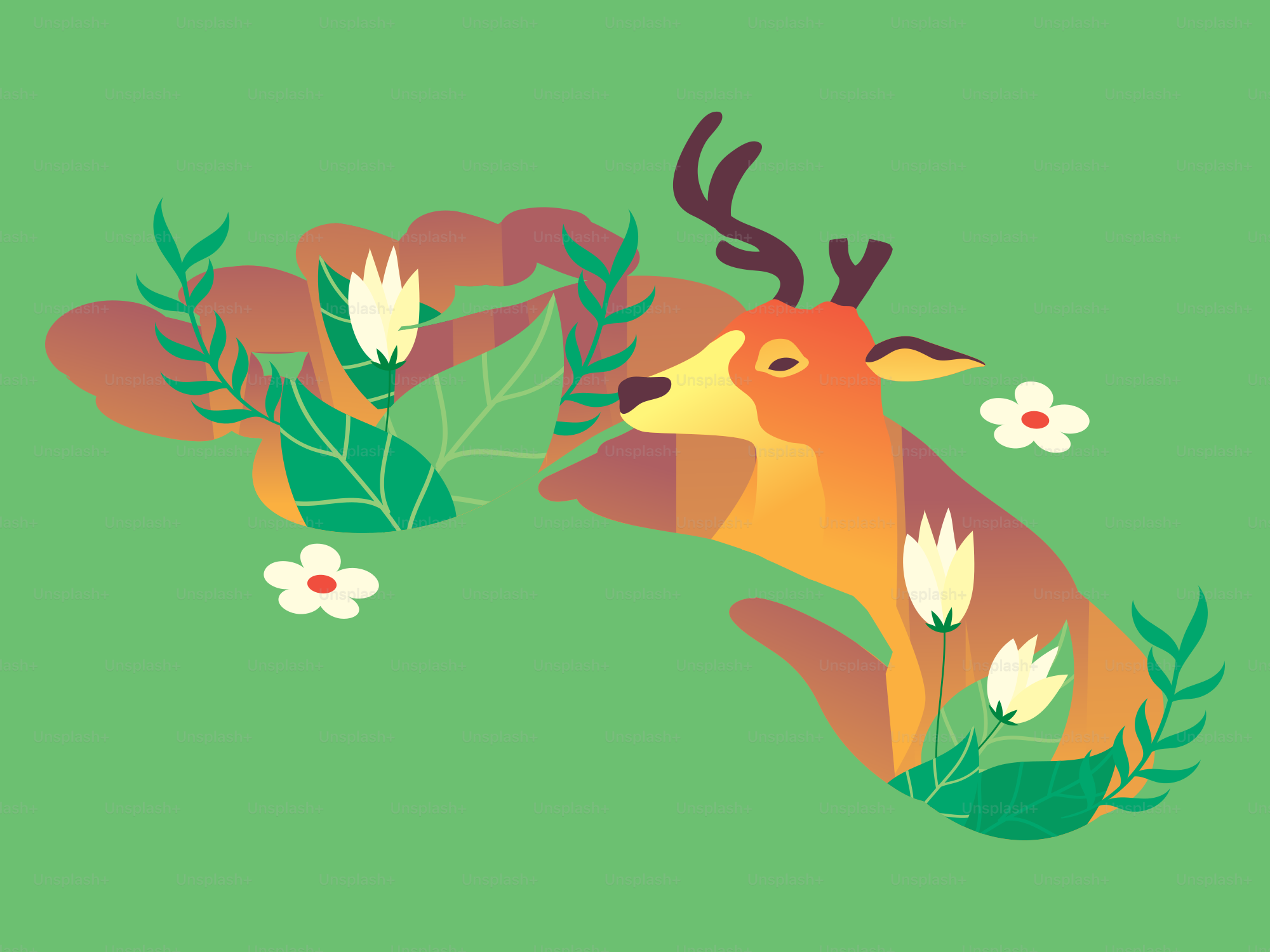 Un cerf stylisé avec des bois parmi les plantes et les fleurs.