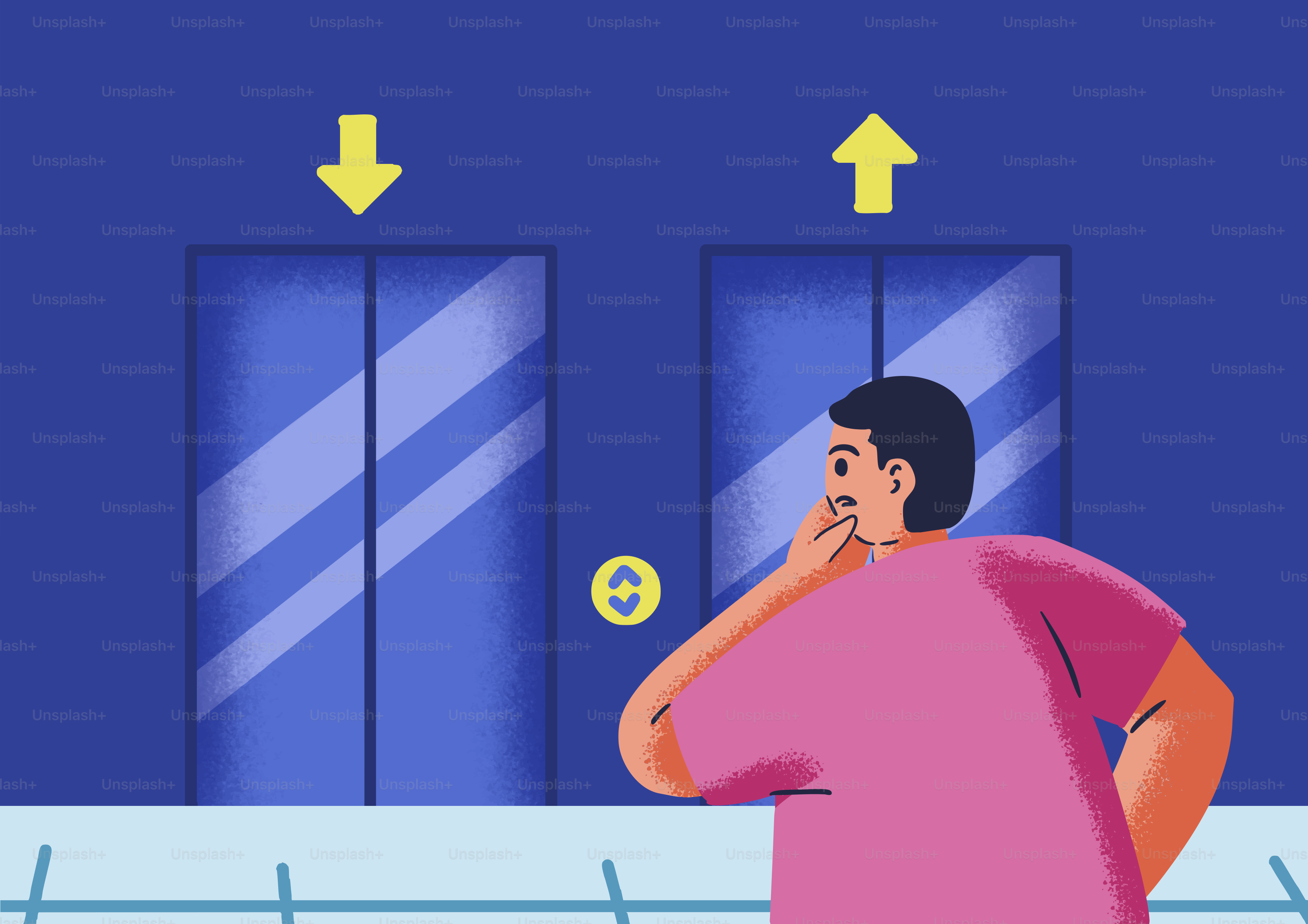 Man waits for elevator with up and down arrows.