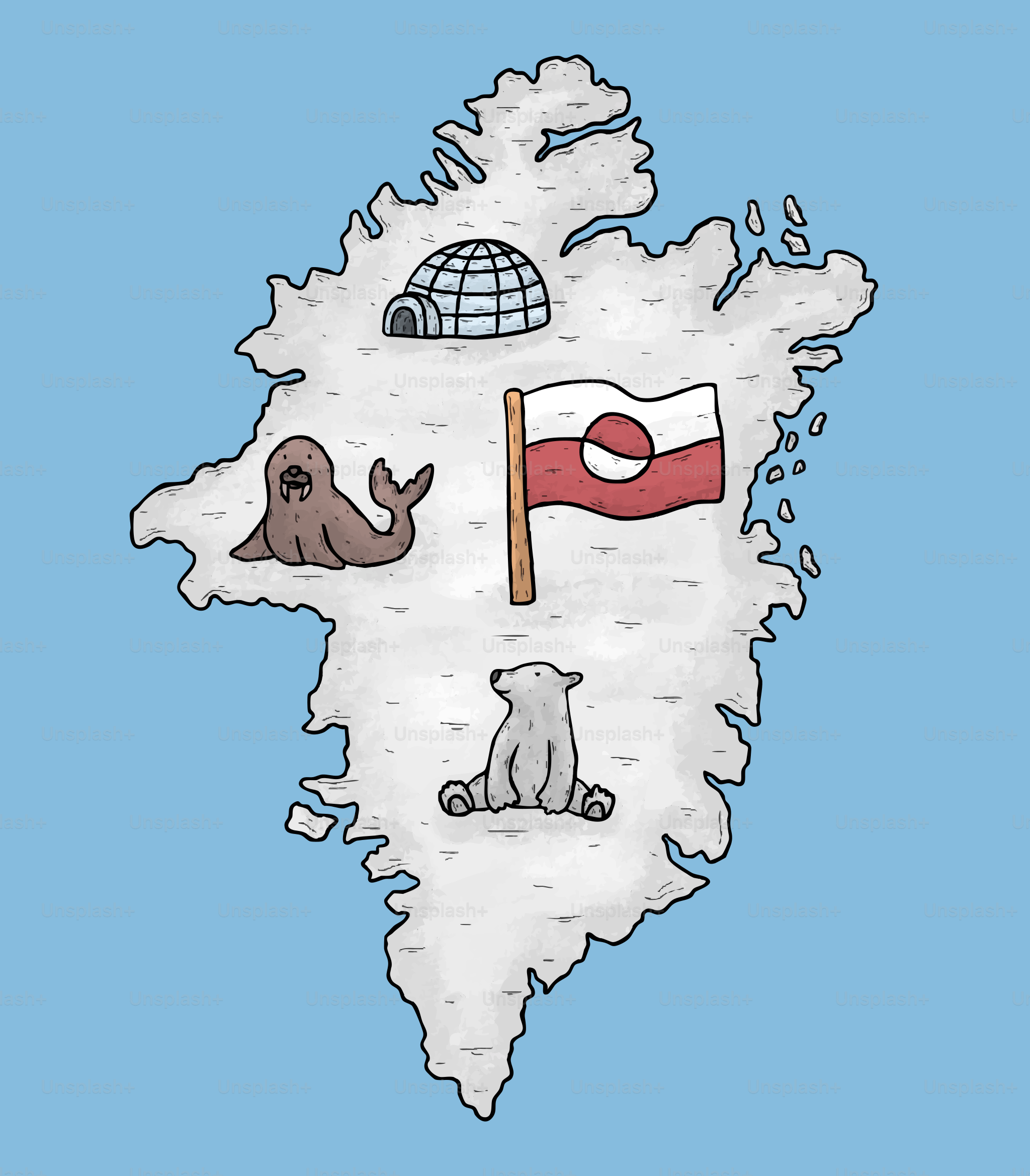 Grönlandkarte mit Iglu, Siegel, Flagge und Eisbär