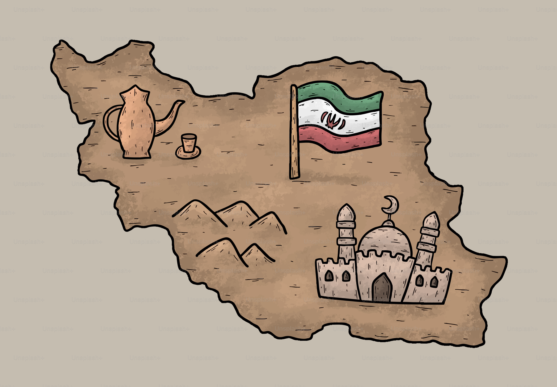 Map of iran with flag, mosque, and tea set
