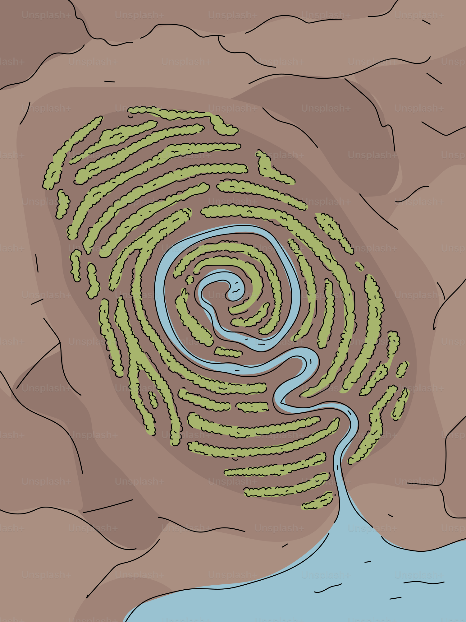 Fingerprint-shaped garden with a winding river