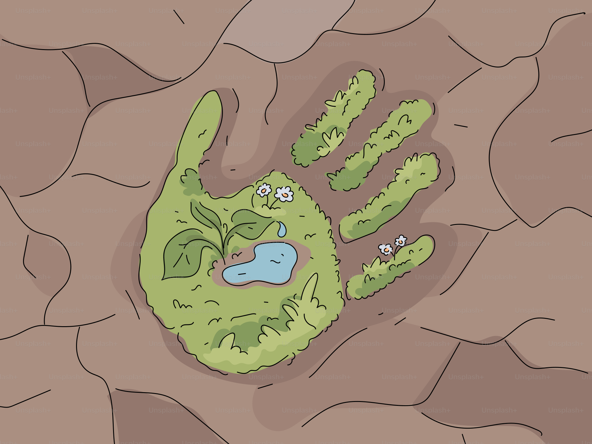 Ein Handabdruck voller Gras, Pflanzen und Wasser.