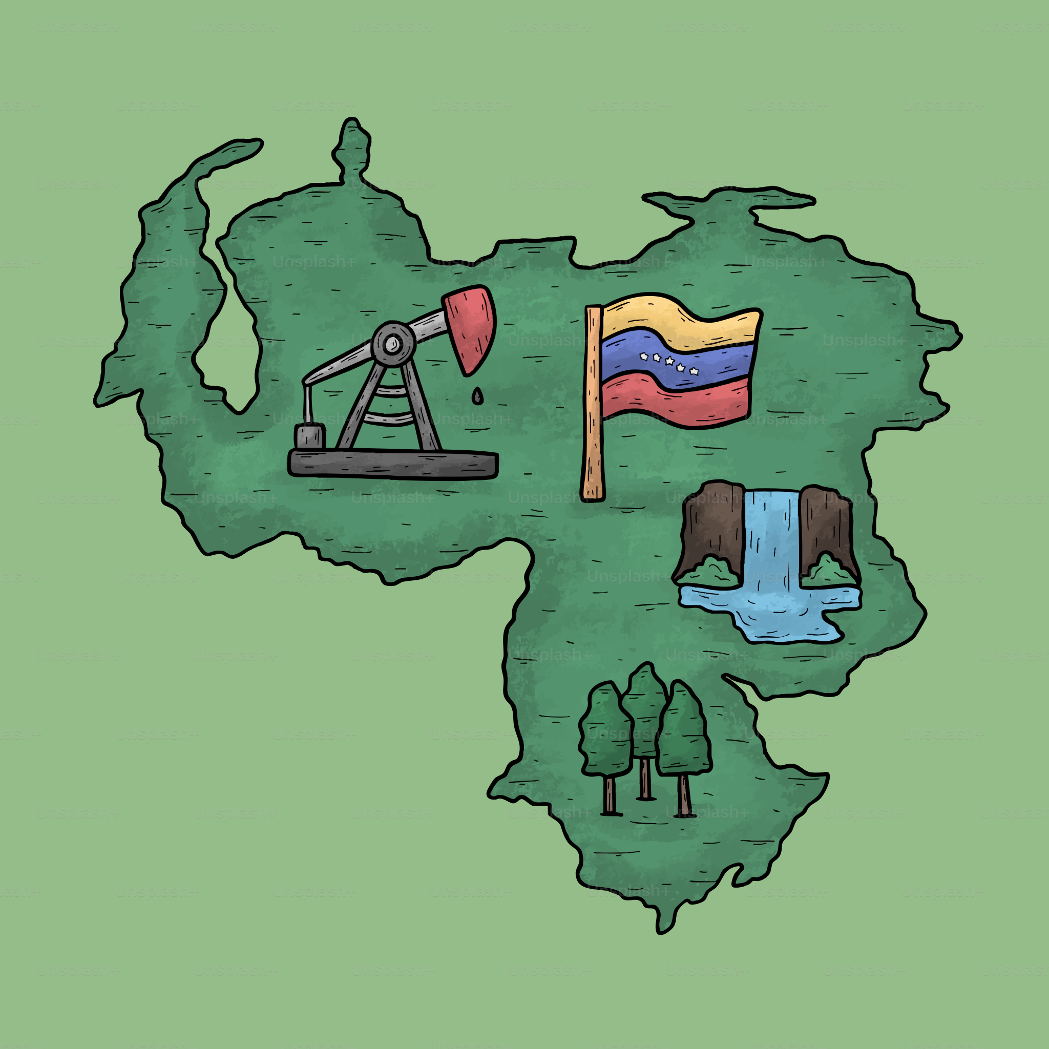 Karte von Venezuela mit Ölpumpe, Flagge, Wasserfall und Bäumen