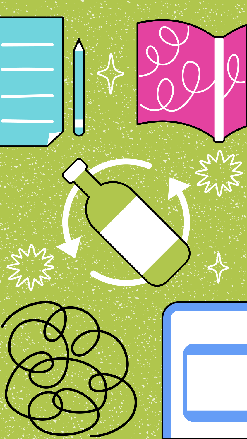 Garrafa verde com flechas de reciclagem e material escolar