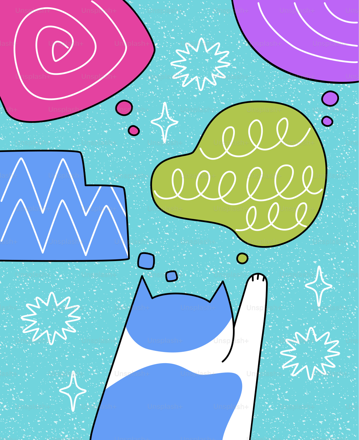 Un chat tendant la main avec des formes abstraites.