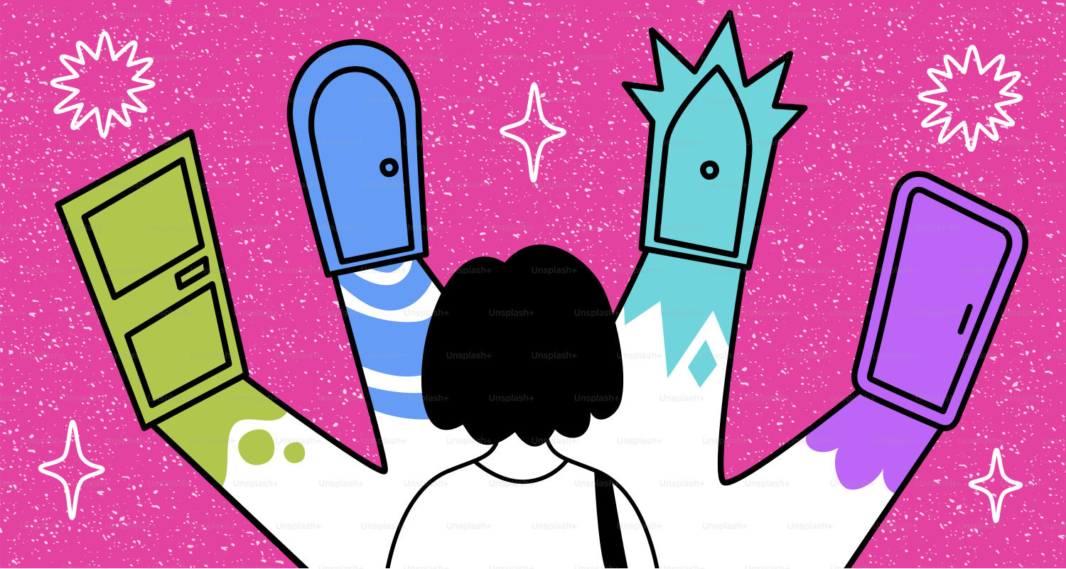 Person facing multiple colorful doors, symbolizing choices.