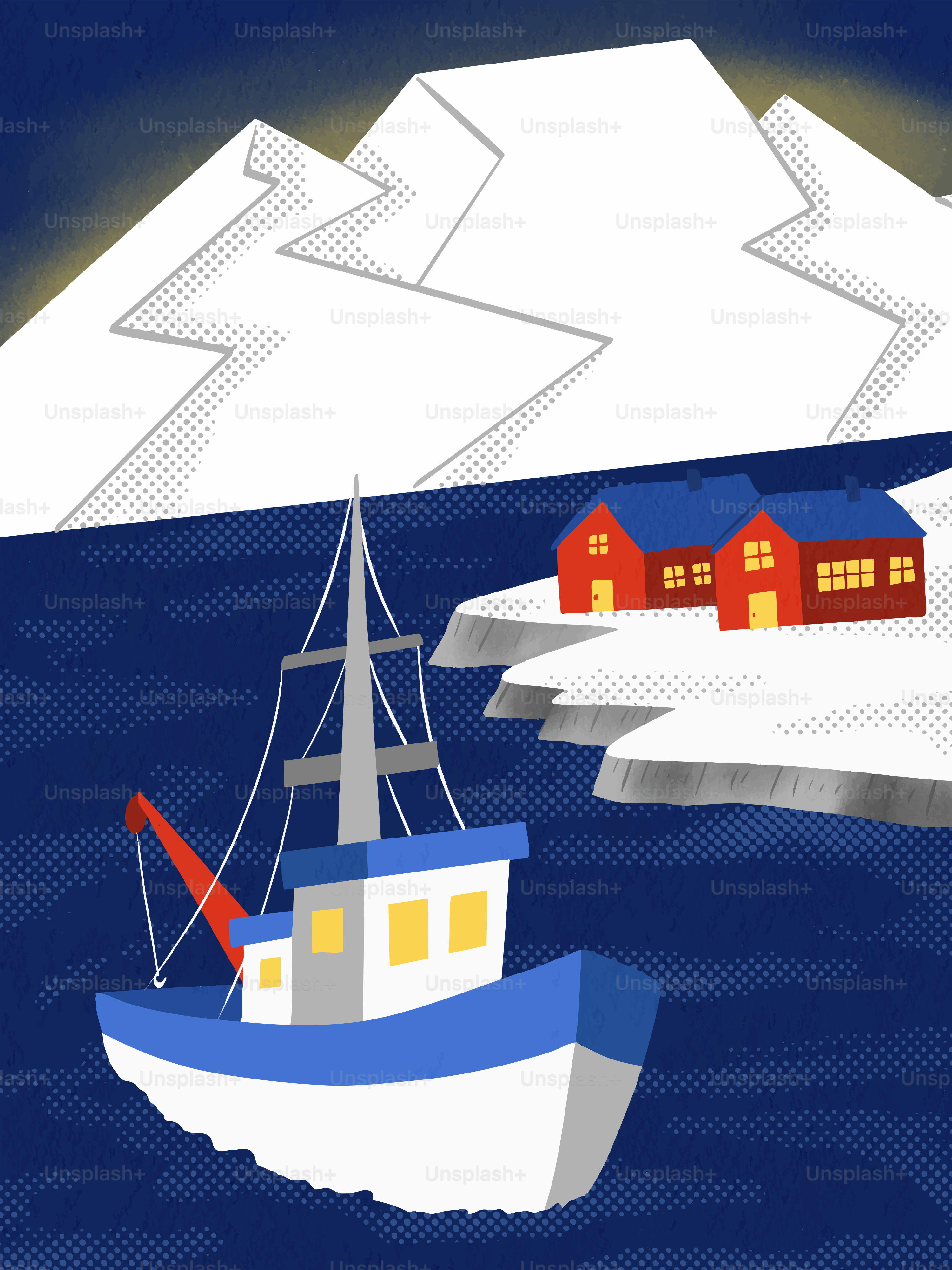 Bateau de pêche près des montagnes enneigées et des maisons rouges.