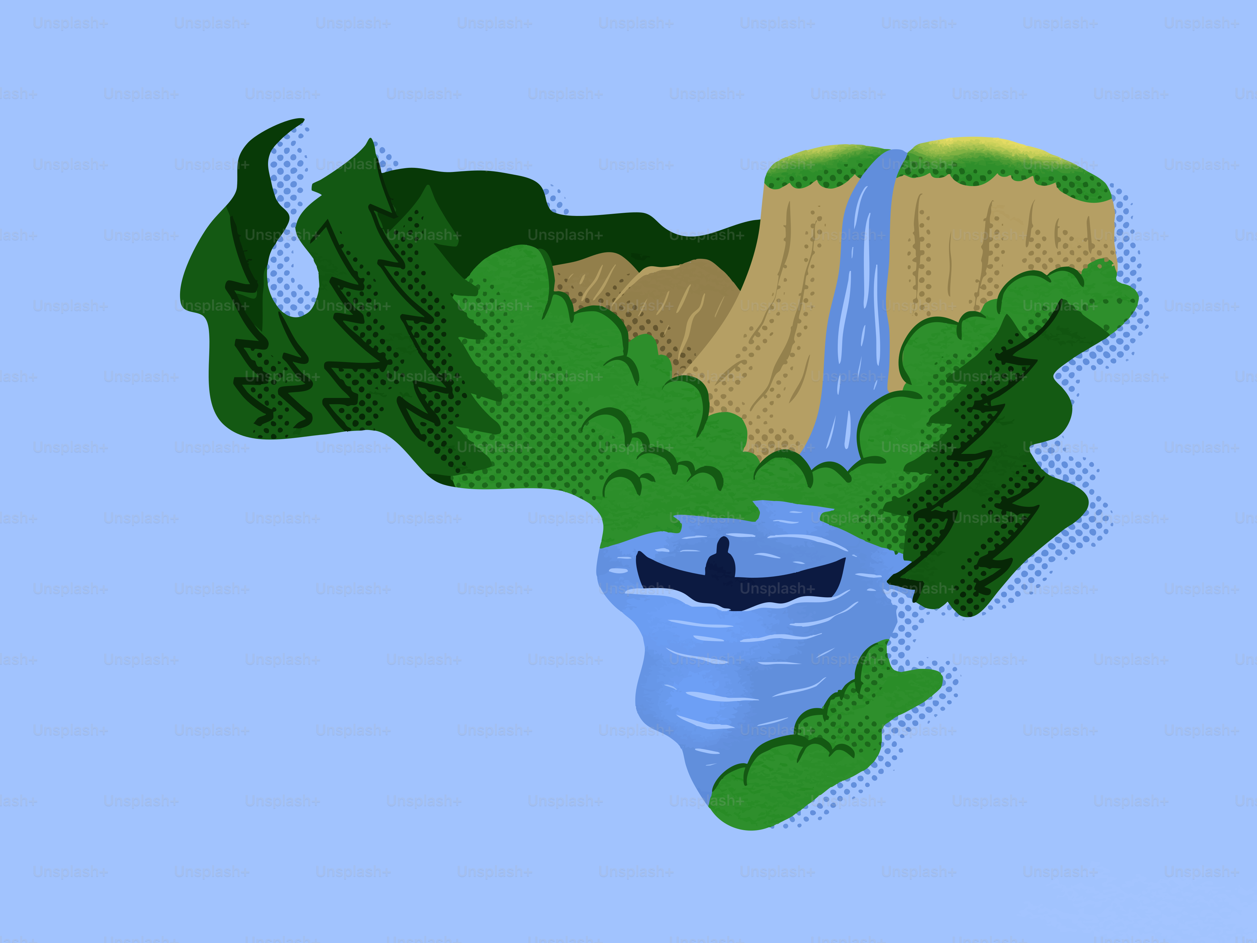 Personne en bateau sur la rivière près de la cascade et de la forêt.