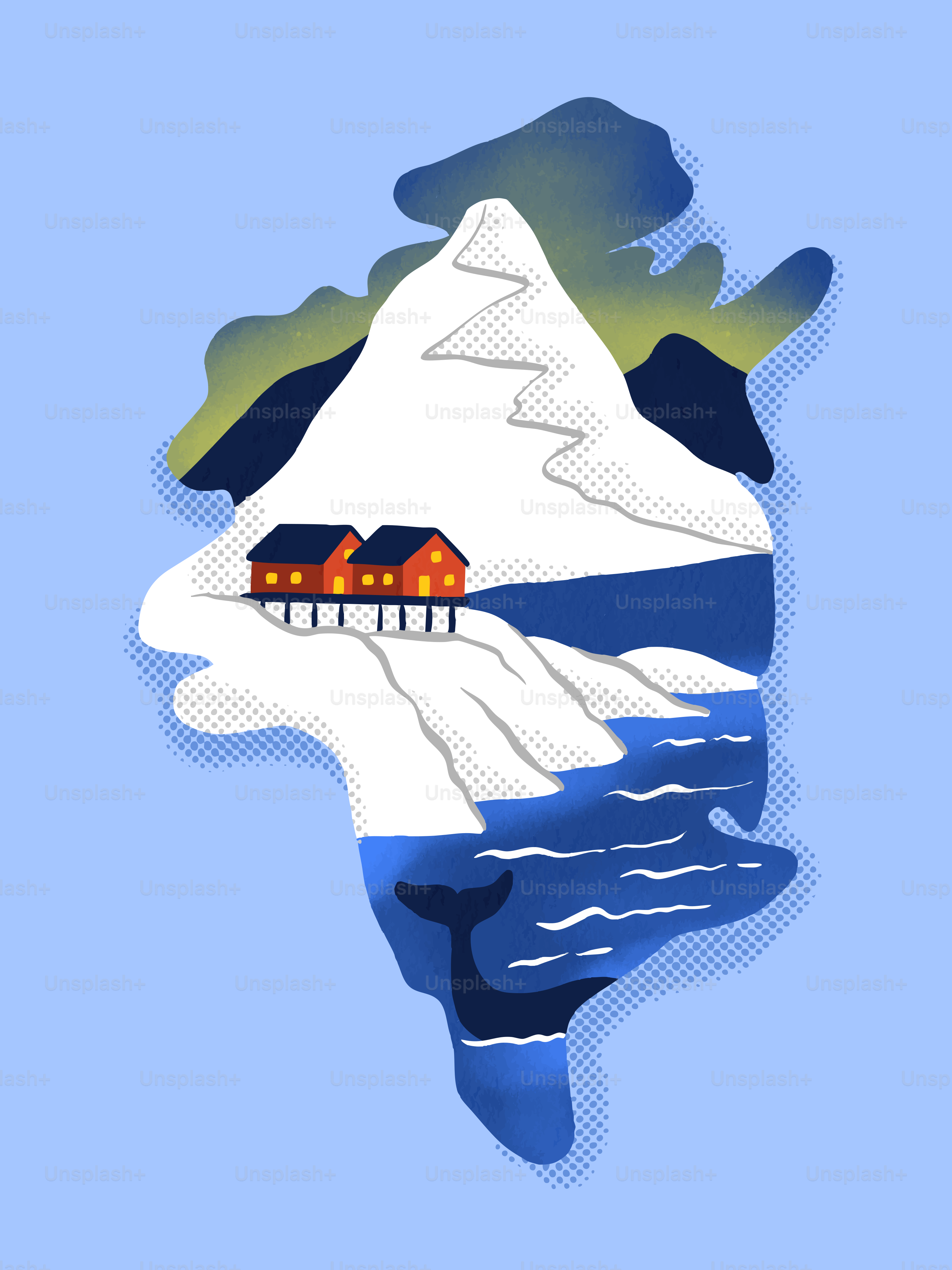 Paysage arctique avec cabanes et queue de baleine