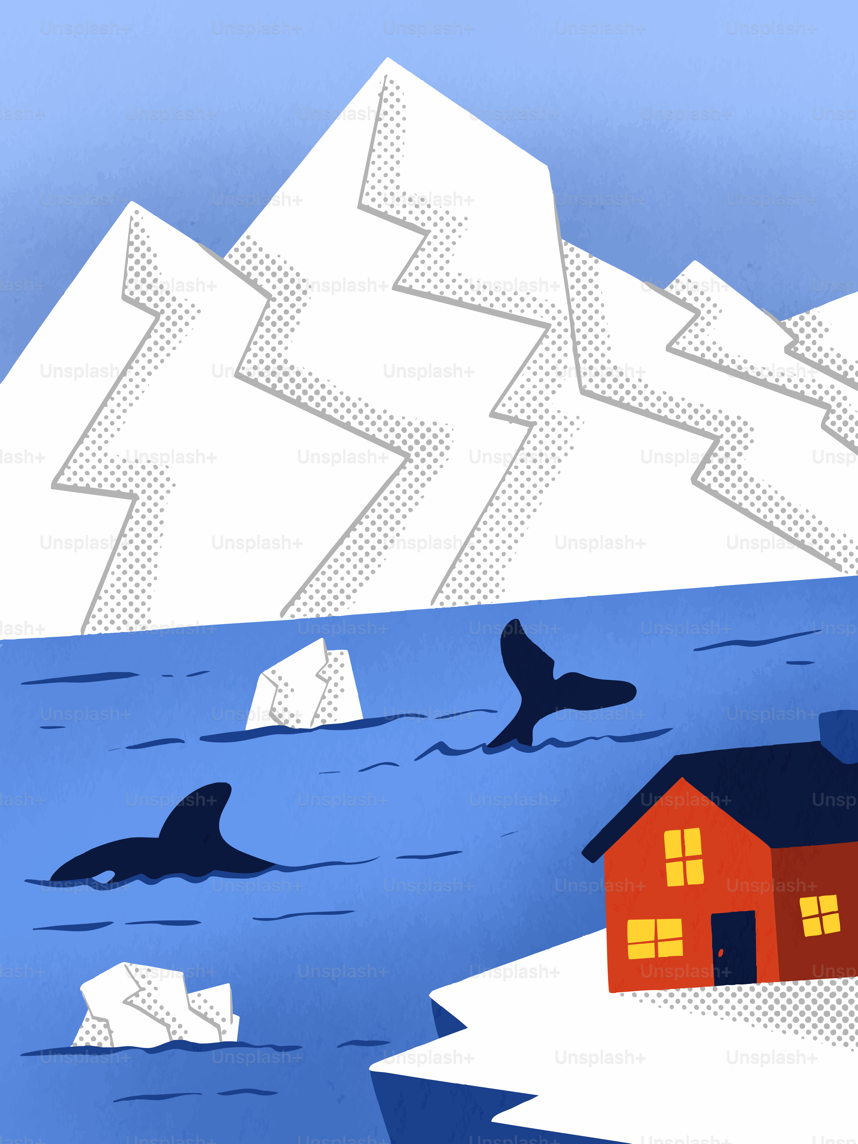 Orques et queue de baleine près des icebergs et des montagnes