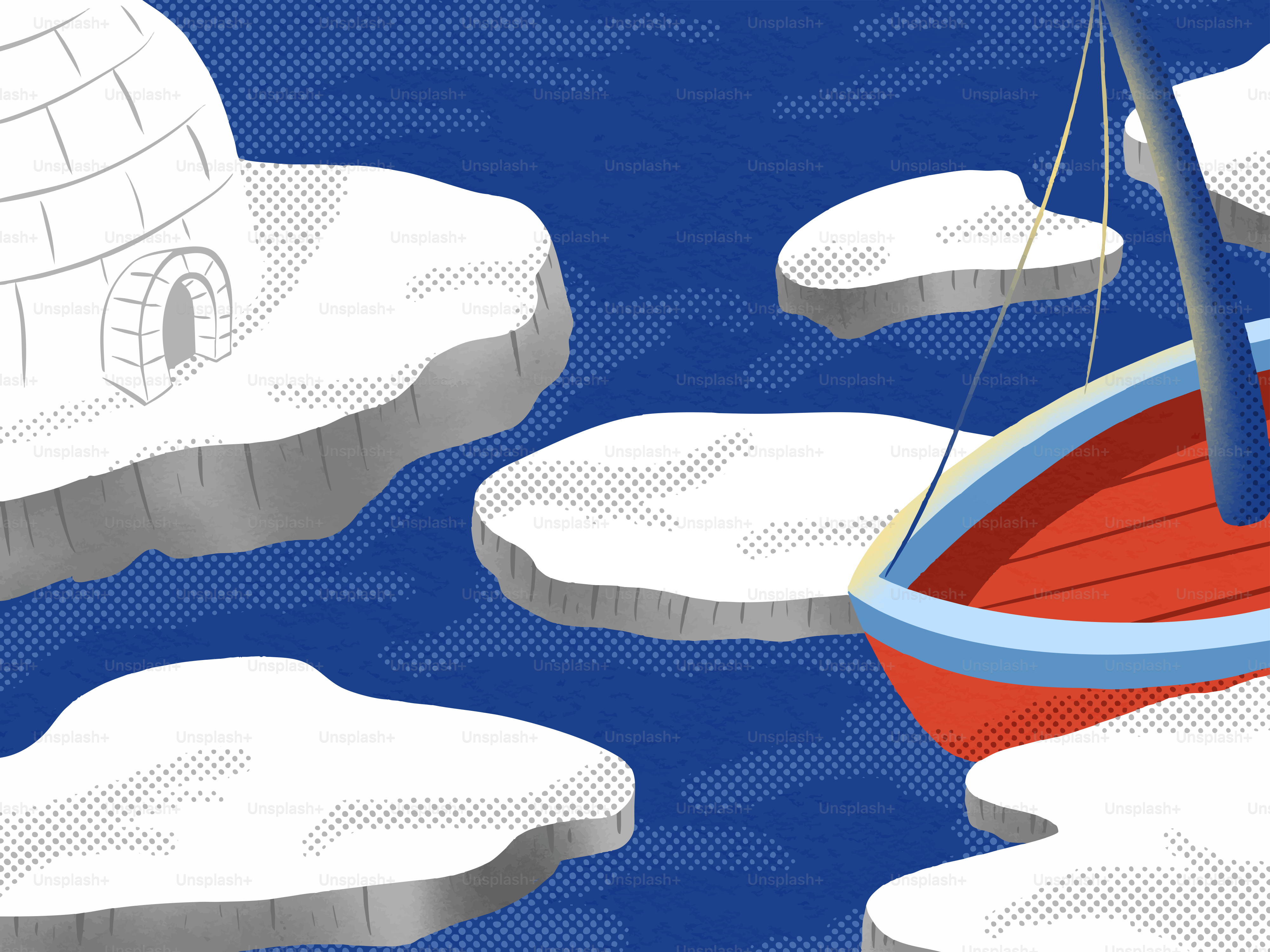 Un igloo et un bateau flottent sur des icebergs dans le ciel.