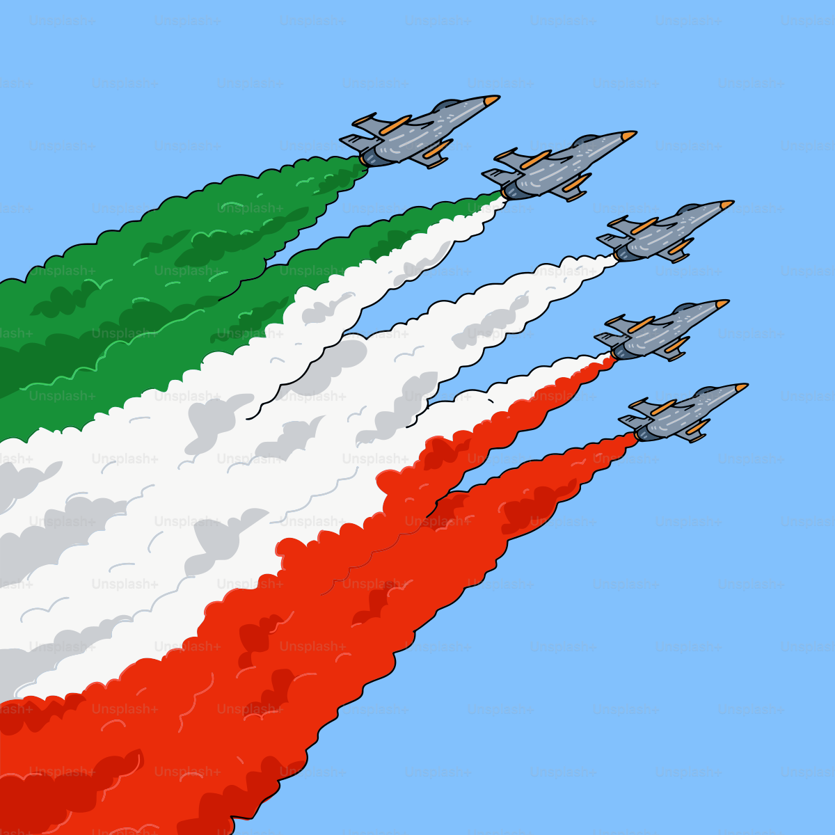 Five fighter jets flying in formation leaving colored smoke trails.