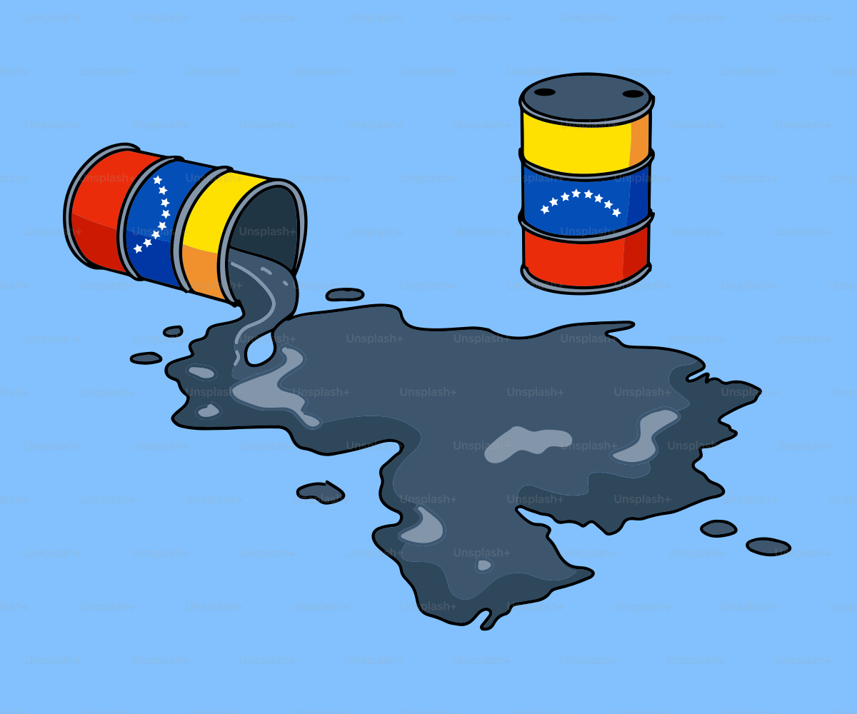 Barris de petróleo com bandeira venezuelana e petróleo derramado
